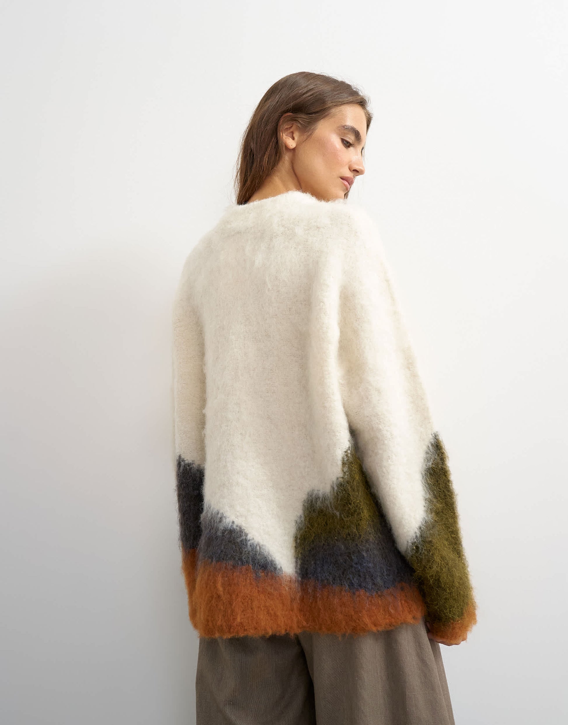 Topshop knitted hairy abstract colour block stripe crew neck jumper in ivory multi