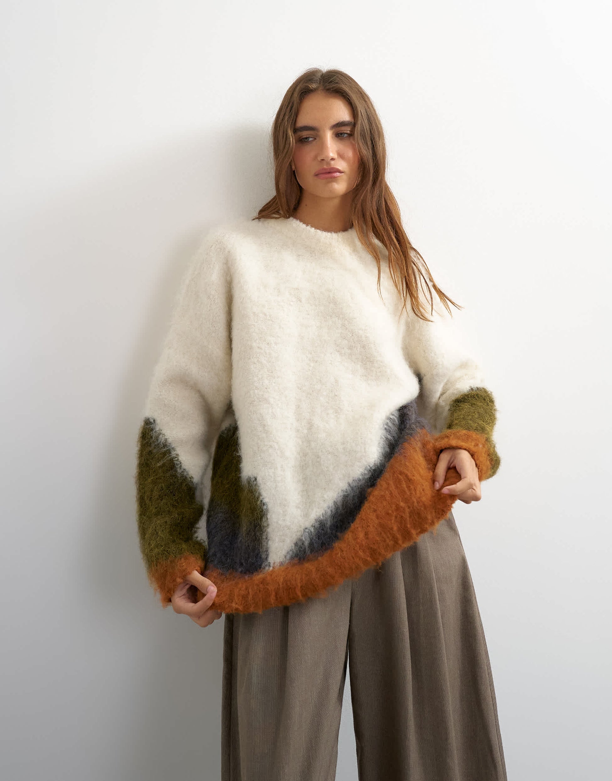Topshop knitted hairy abstract colour block stripe crew neck jumper in ivory multi