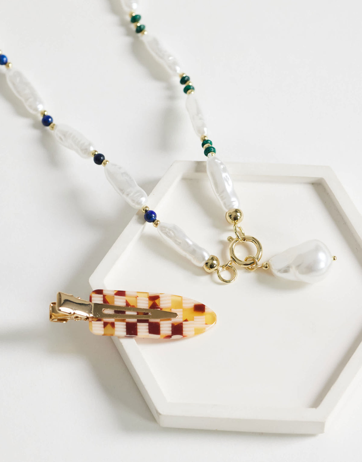Topshop Maude faux pearl and stone necklace in off white and green