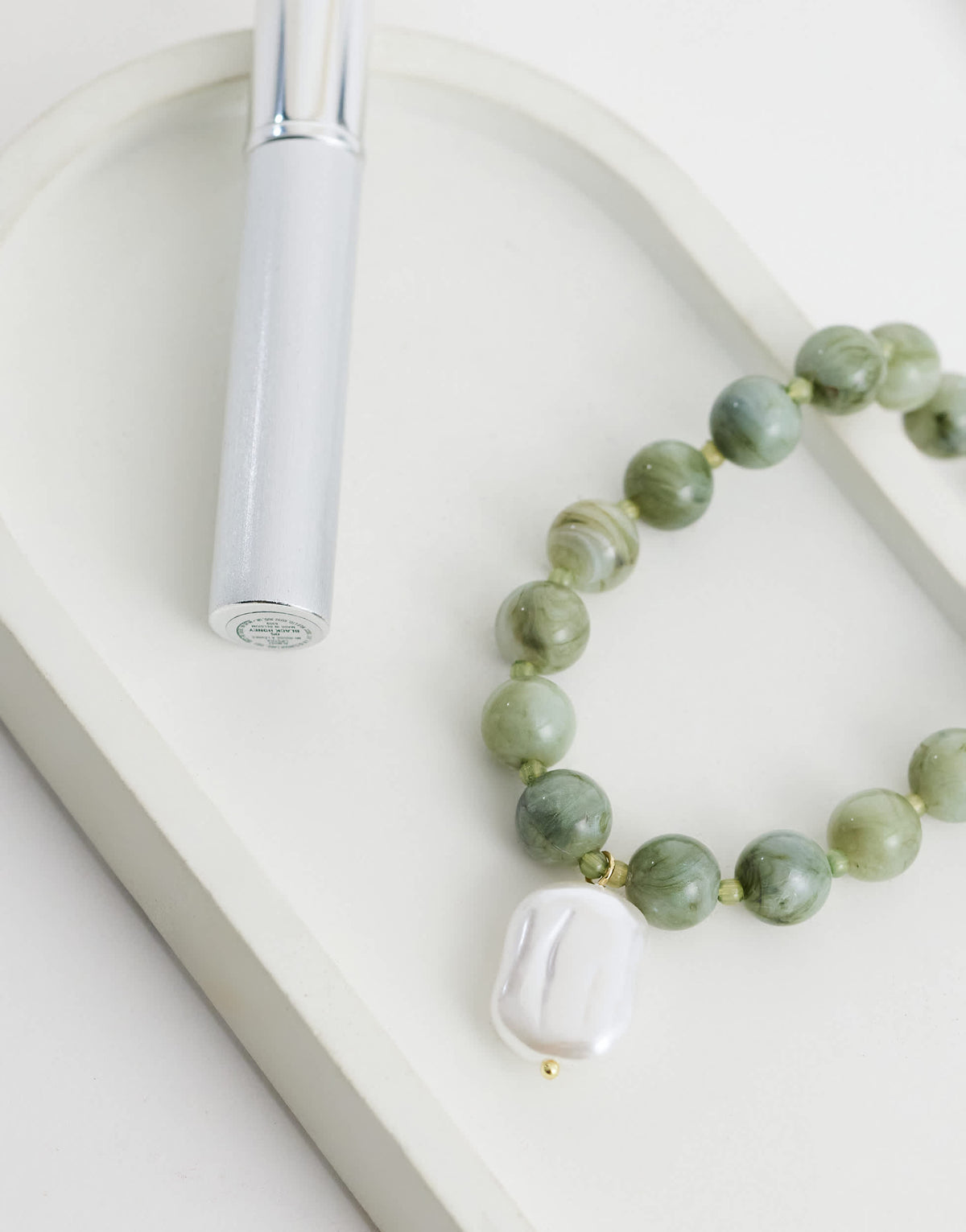 Topshop Marais beaded necklace with pearl charm in green and white faux marble