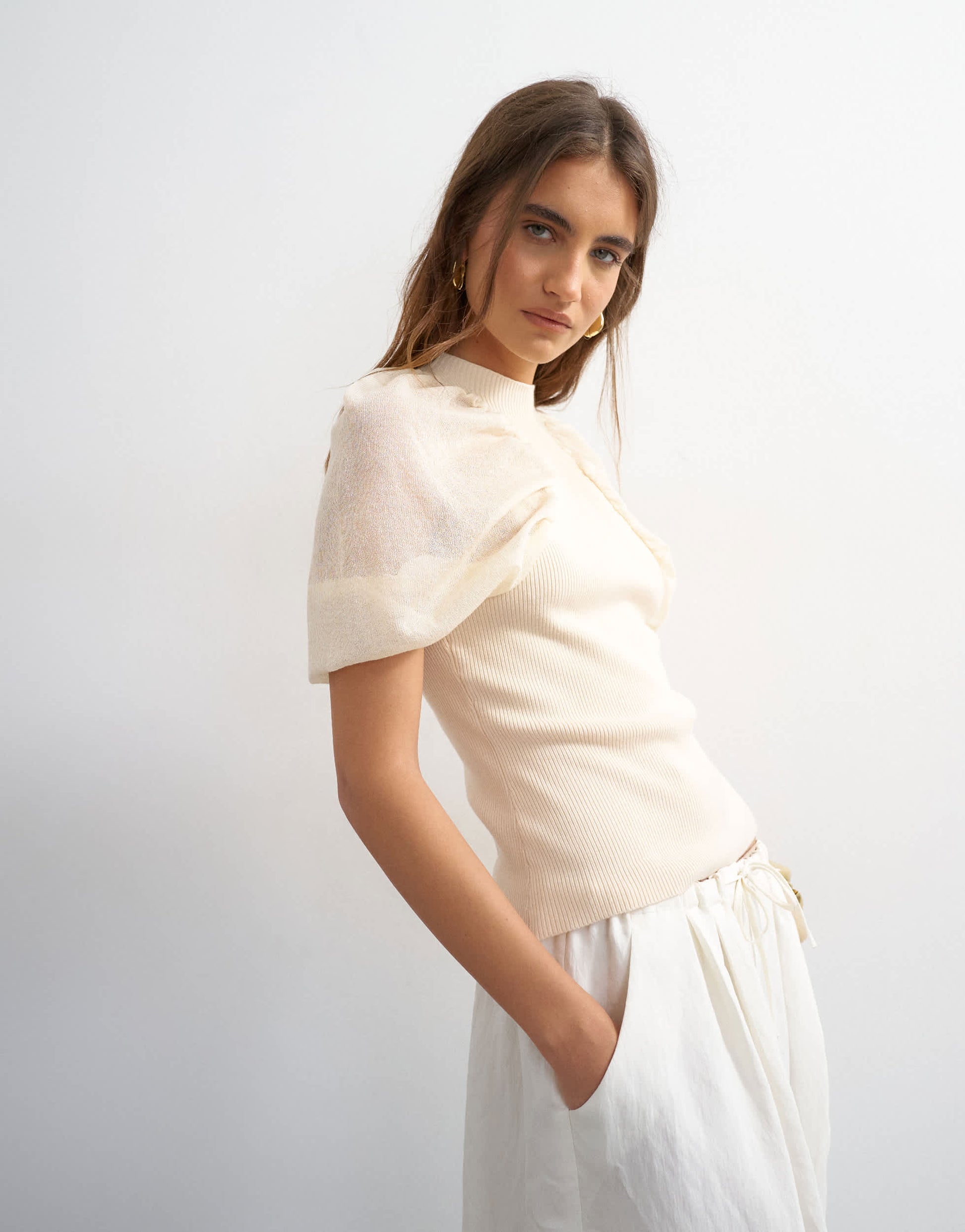Topshop knitted short sleeve sheer gathered top in ivory