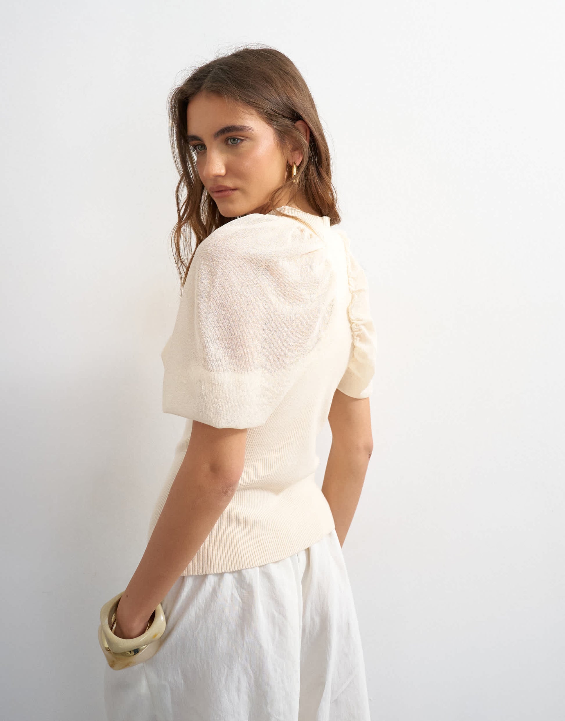 Topshop knitted short sleeve sheer gathered top in ivory