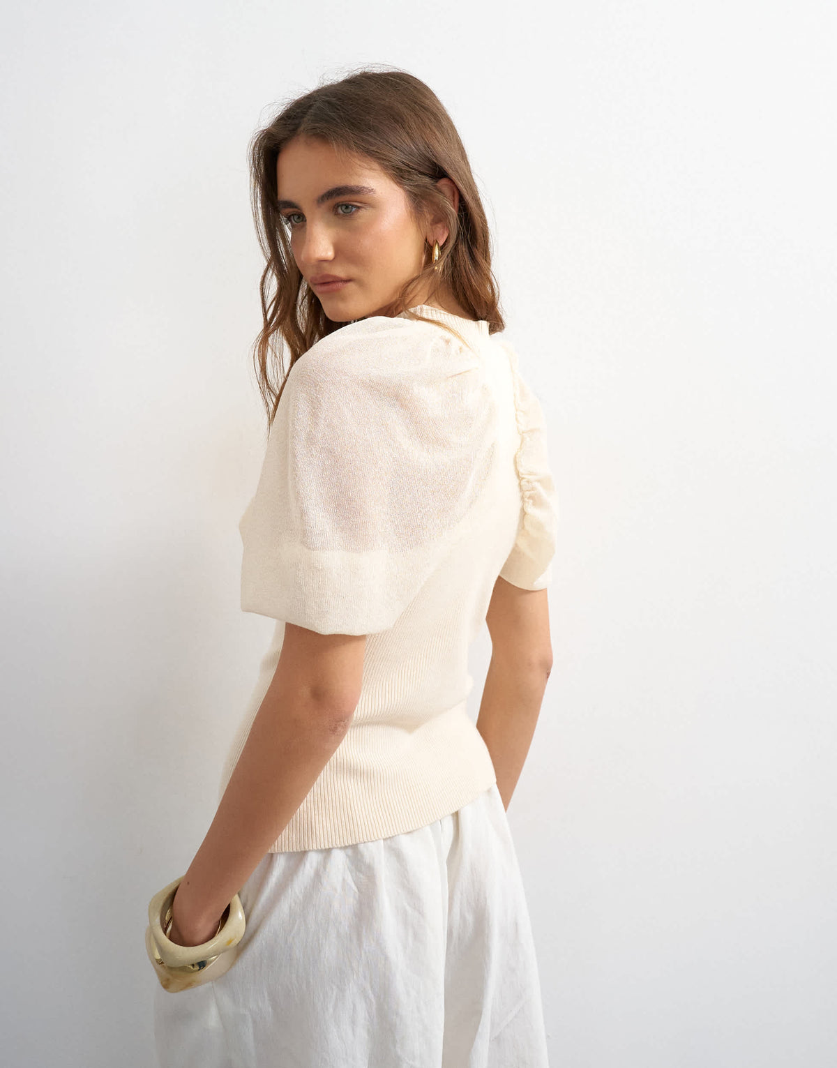 Topshop knitted short sleeve sheer gathered top in ivory