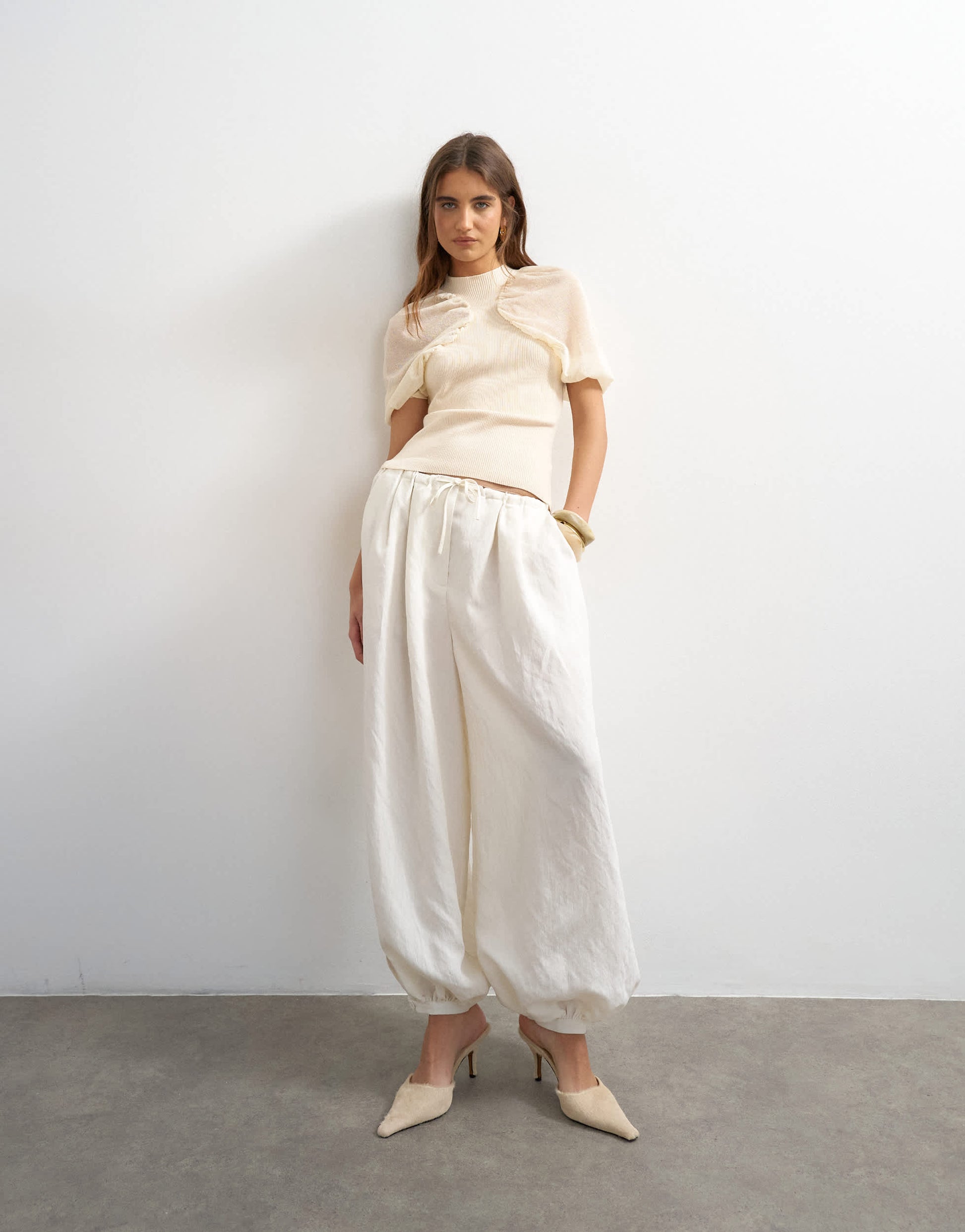 Topshop knitted short sleeve sheer gathered top in ivory