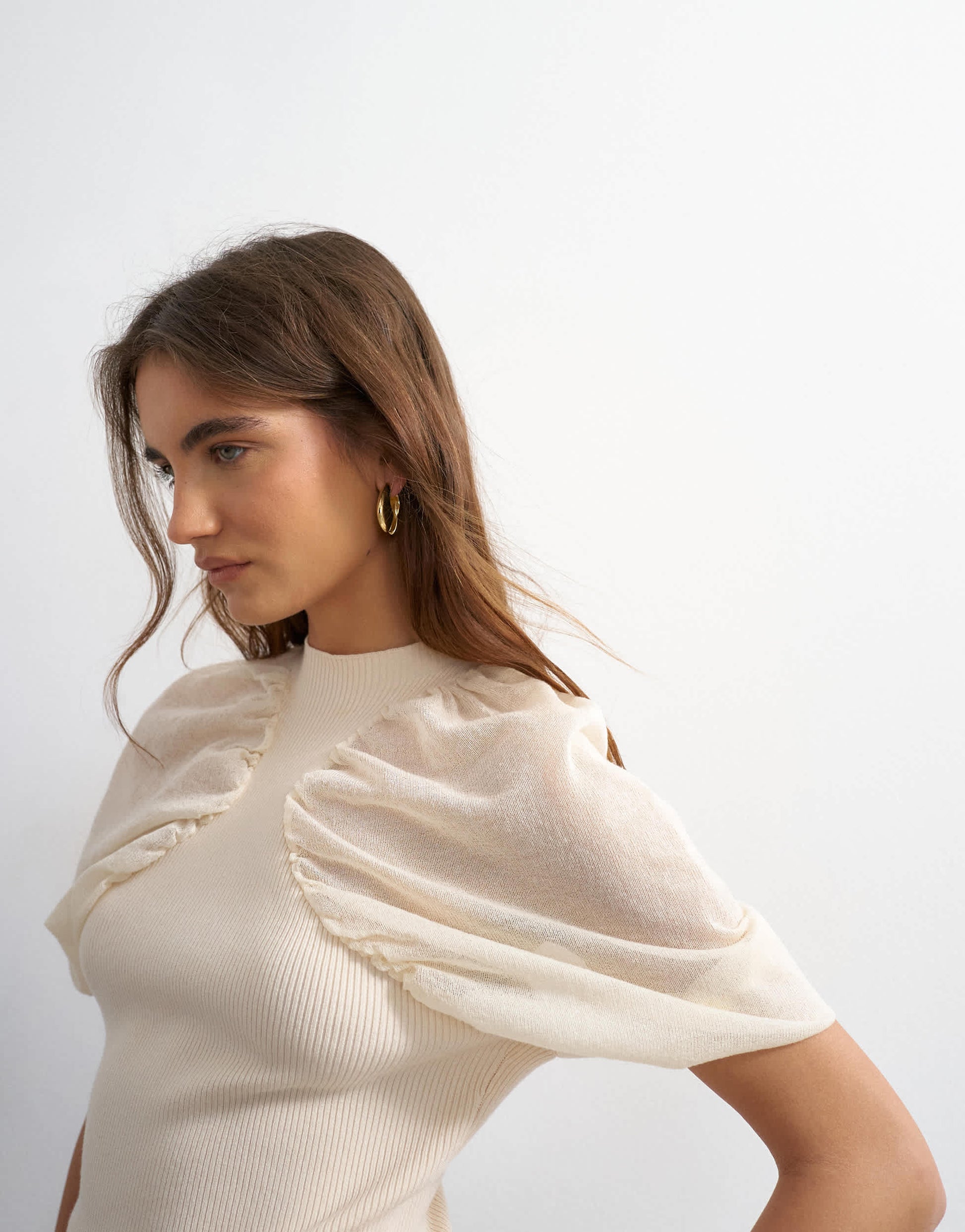 Topshop knitted short sleeve sheer gathered top in ivory
