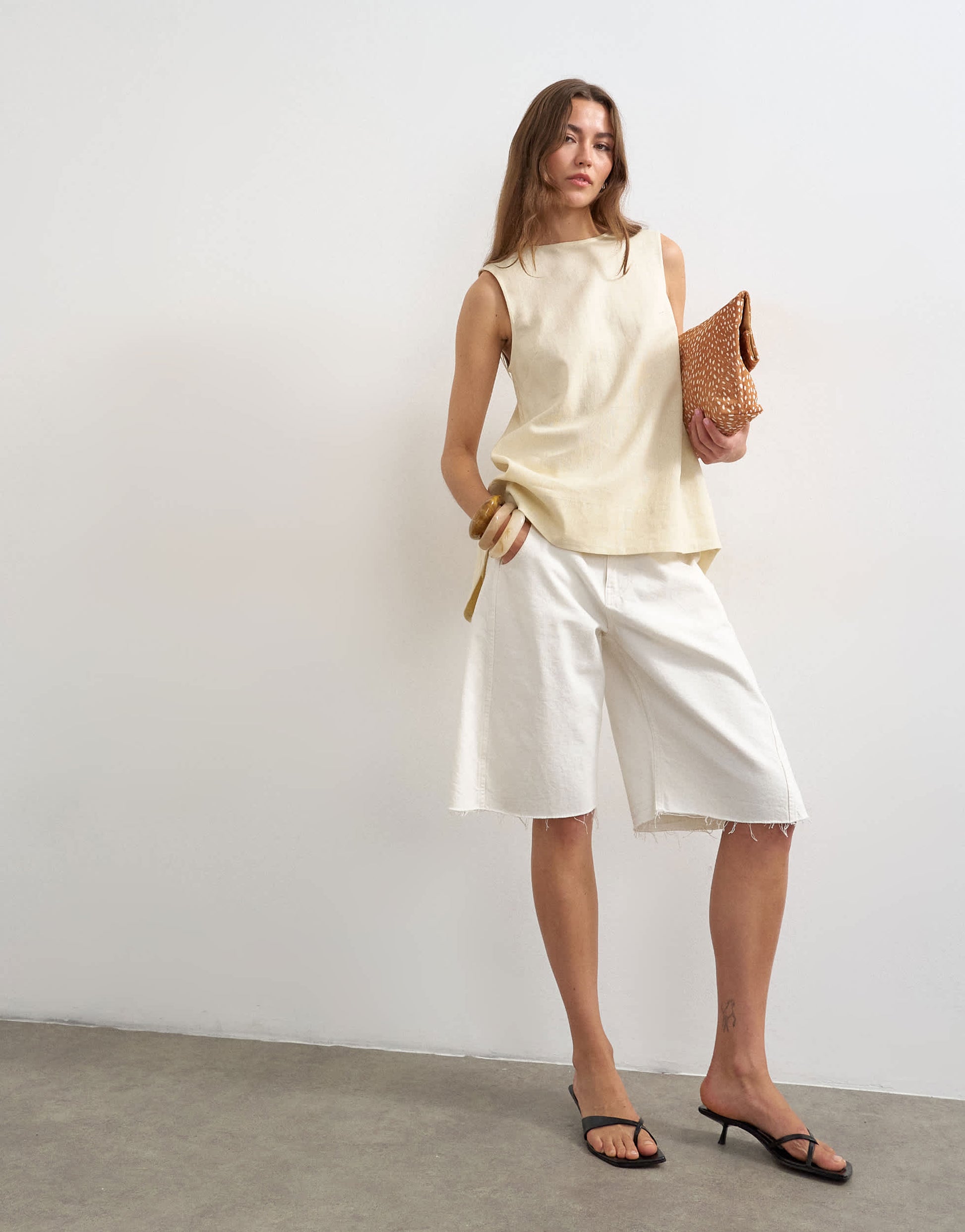 Topshop open back chuck on linen rich tank in stone