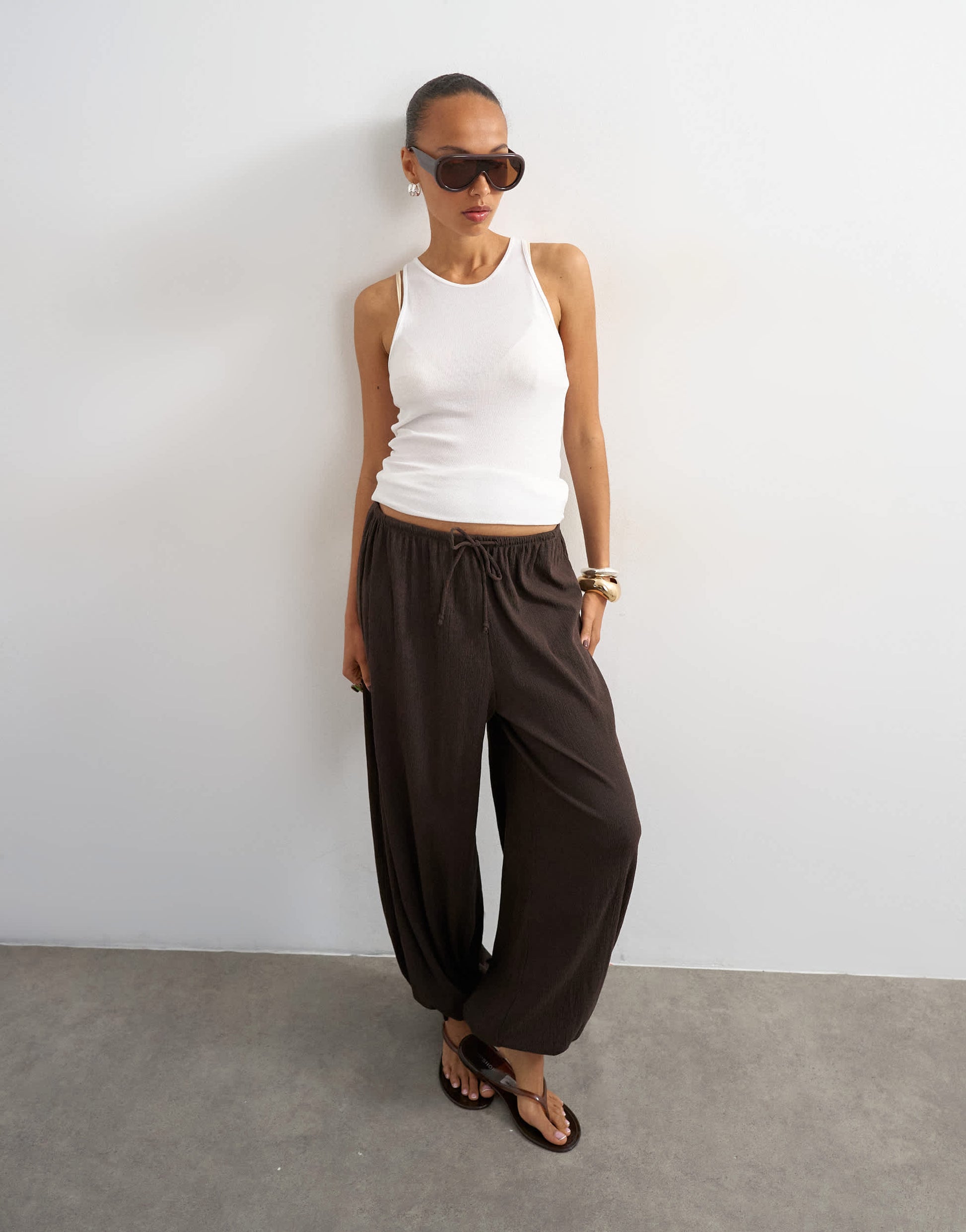 Topshop plisse balloon trouser in chocolate
