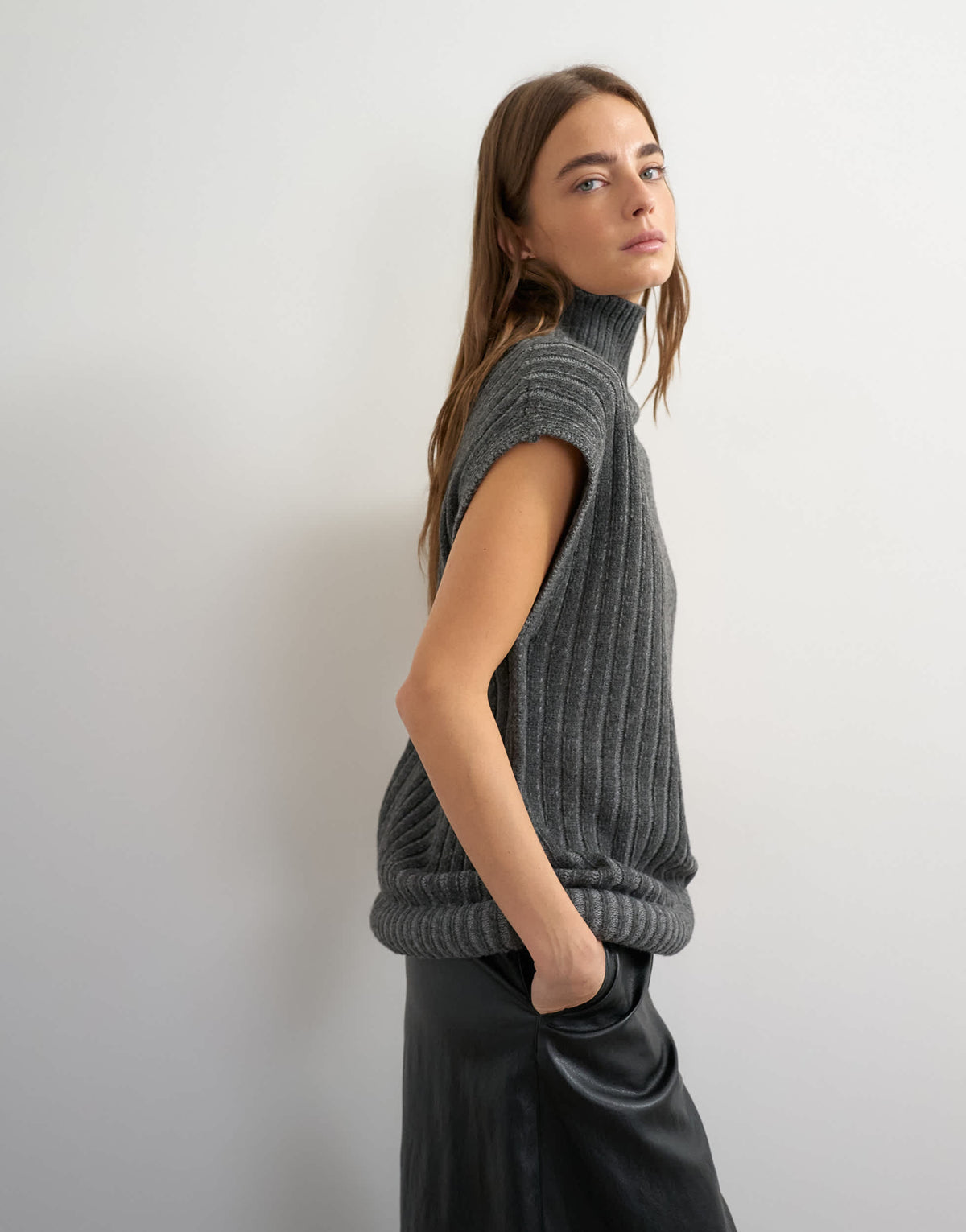 Topshop knitted ribbed funnel neck wool longline top with tube hem in coal