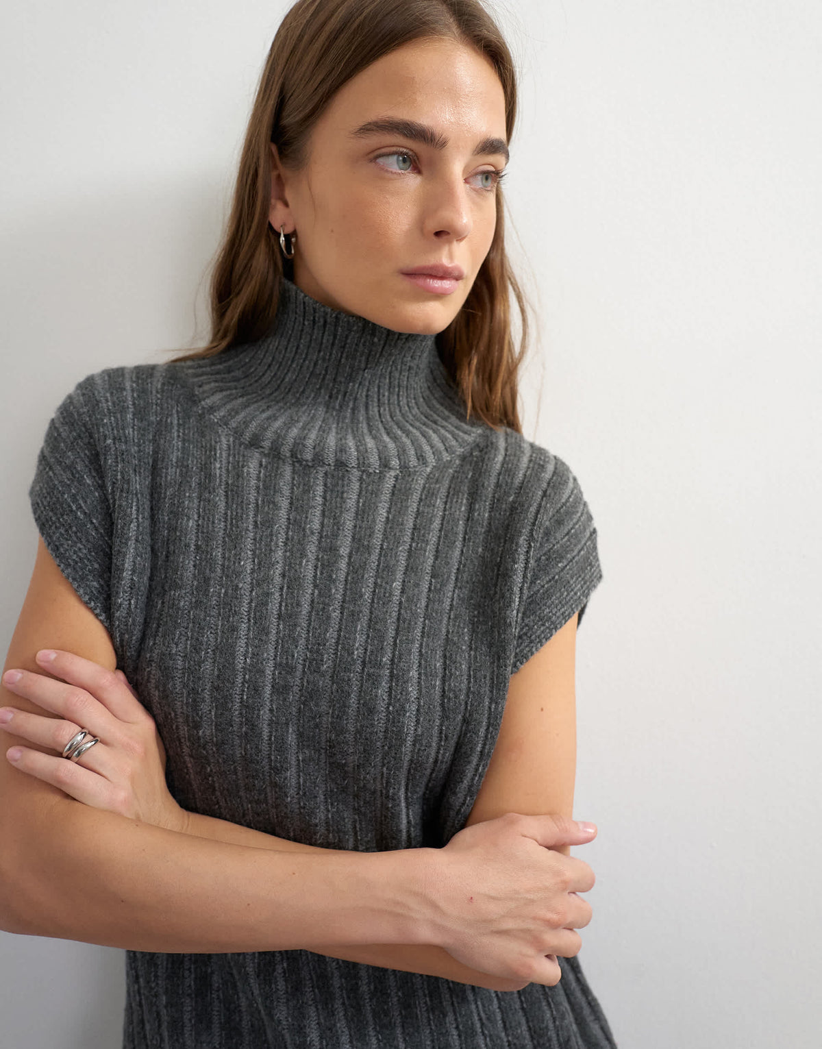 Topshop knitted ribbed funnel neck wool longline top with tube hem in coal