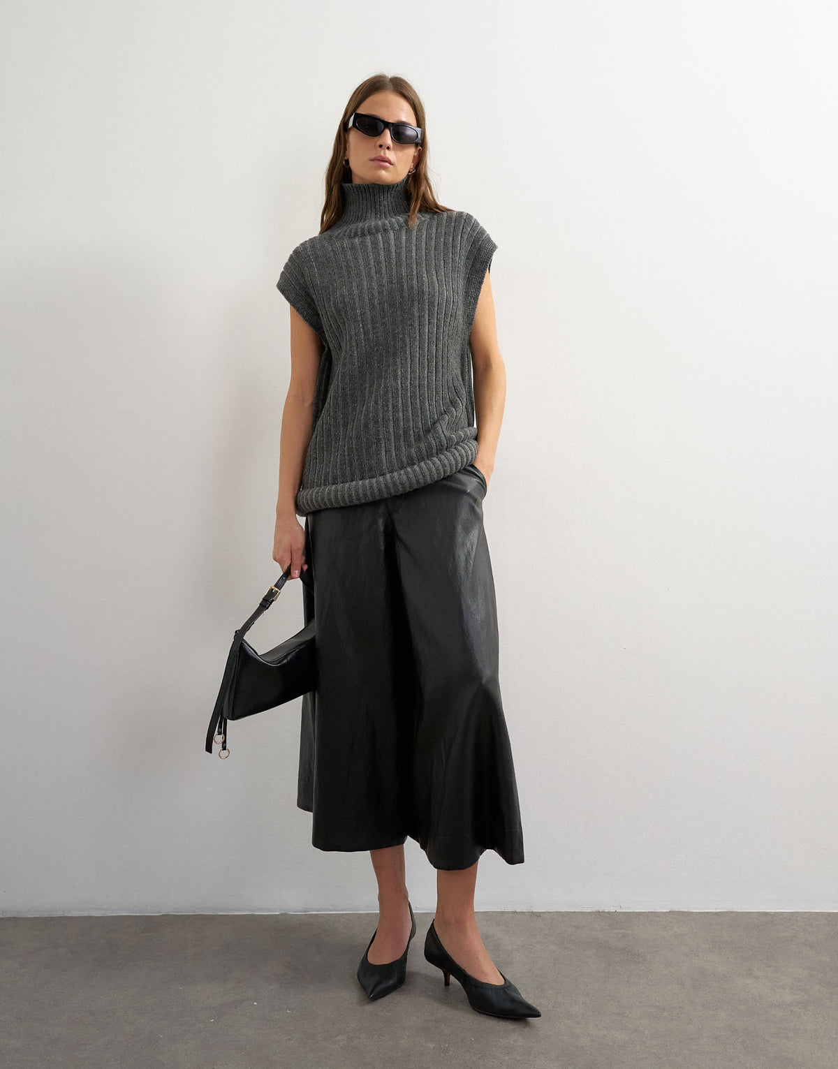Topshop knitted ribbed funnel neck wool longline top with tube hem in coal