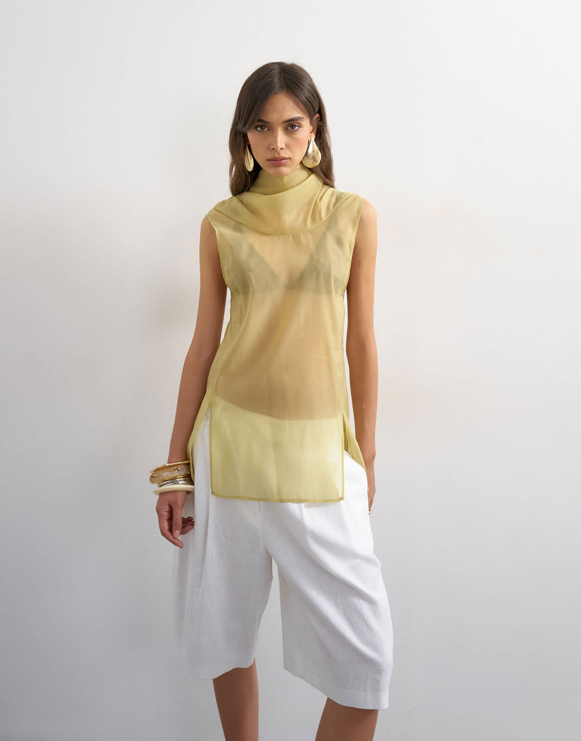 Topshop organza collapsed funnel neck top in muted lime