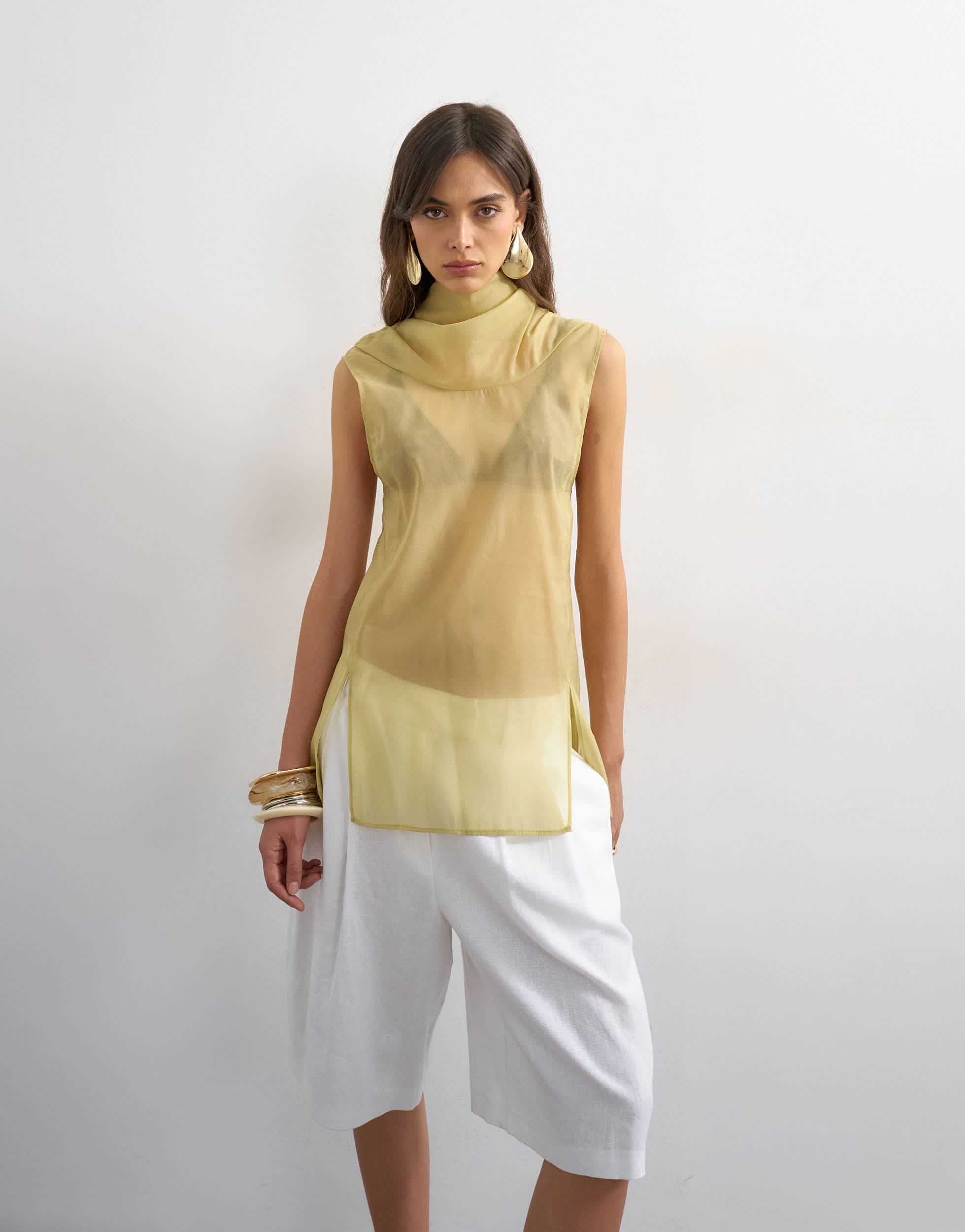 Topshop organza collapsed funnel neck top in muted lime