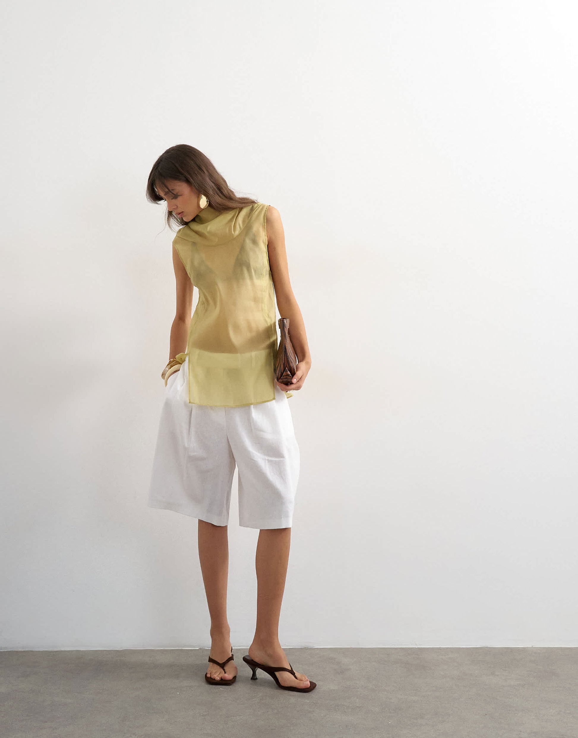 Topshop organza collapsed funnel neck top in muted lime