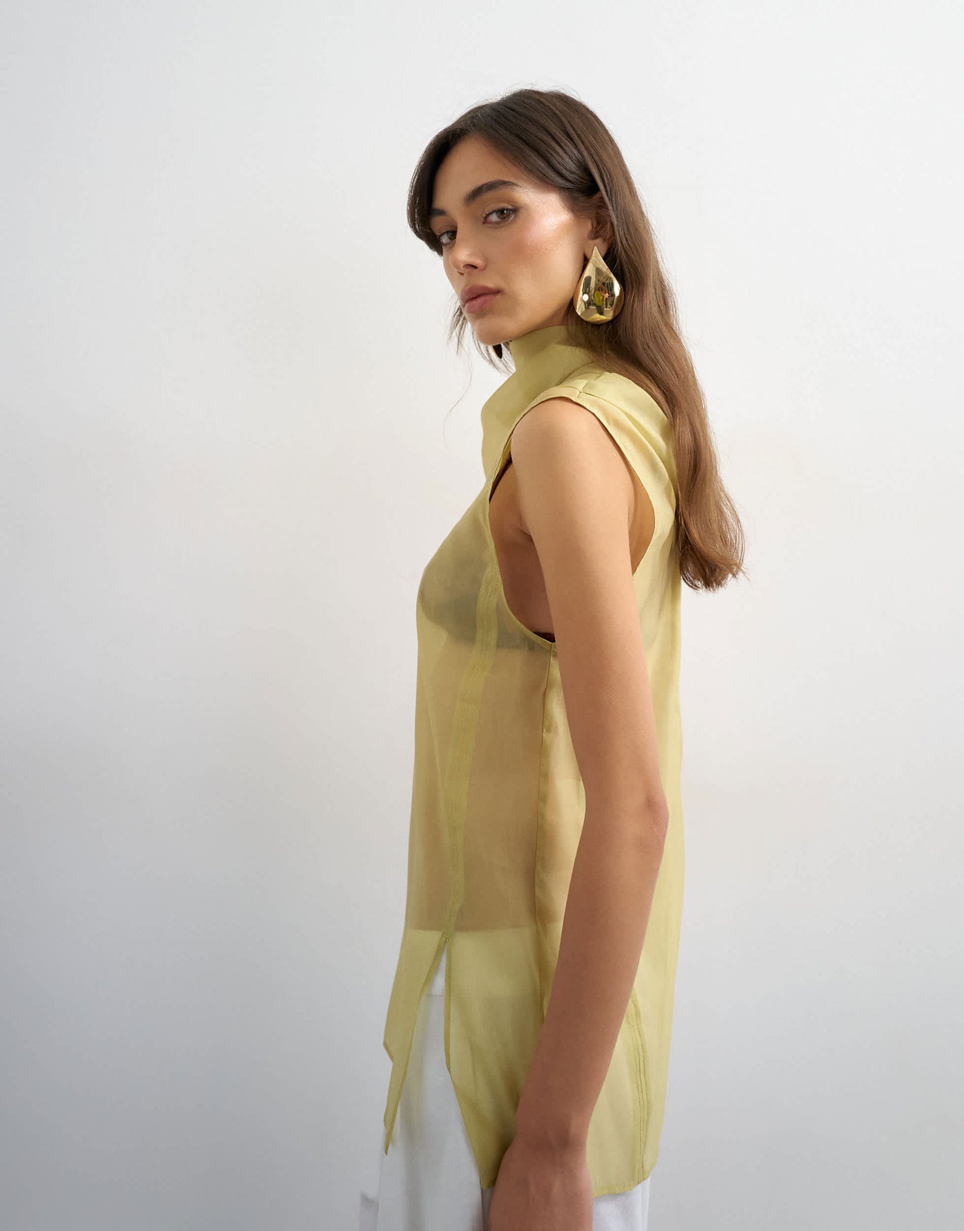 Topshop organza collapsed funnel neck top in muted lime