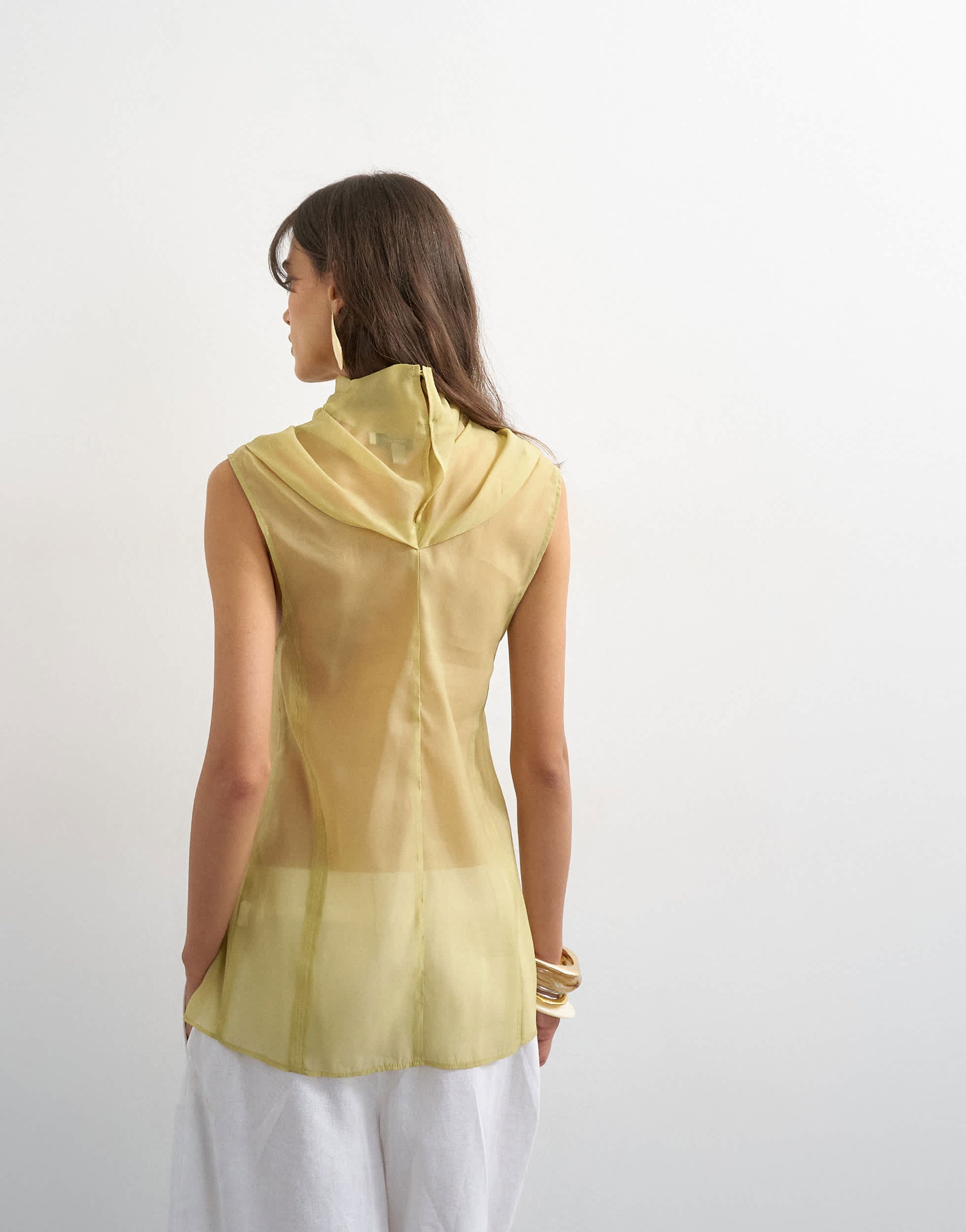 Topshop organza collapsed funnel neck top in muted lime