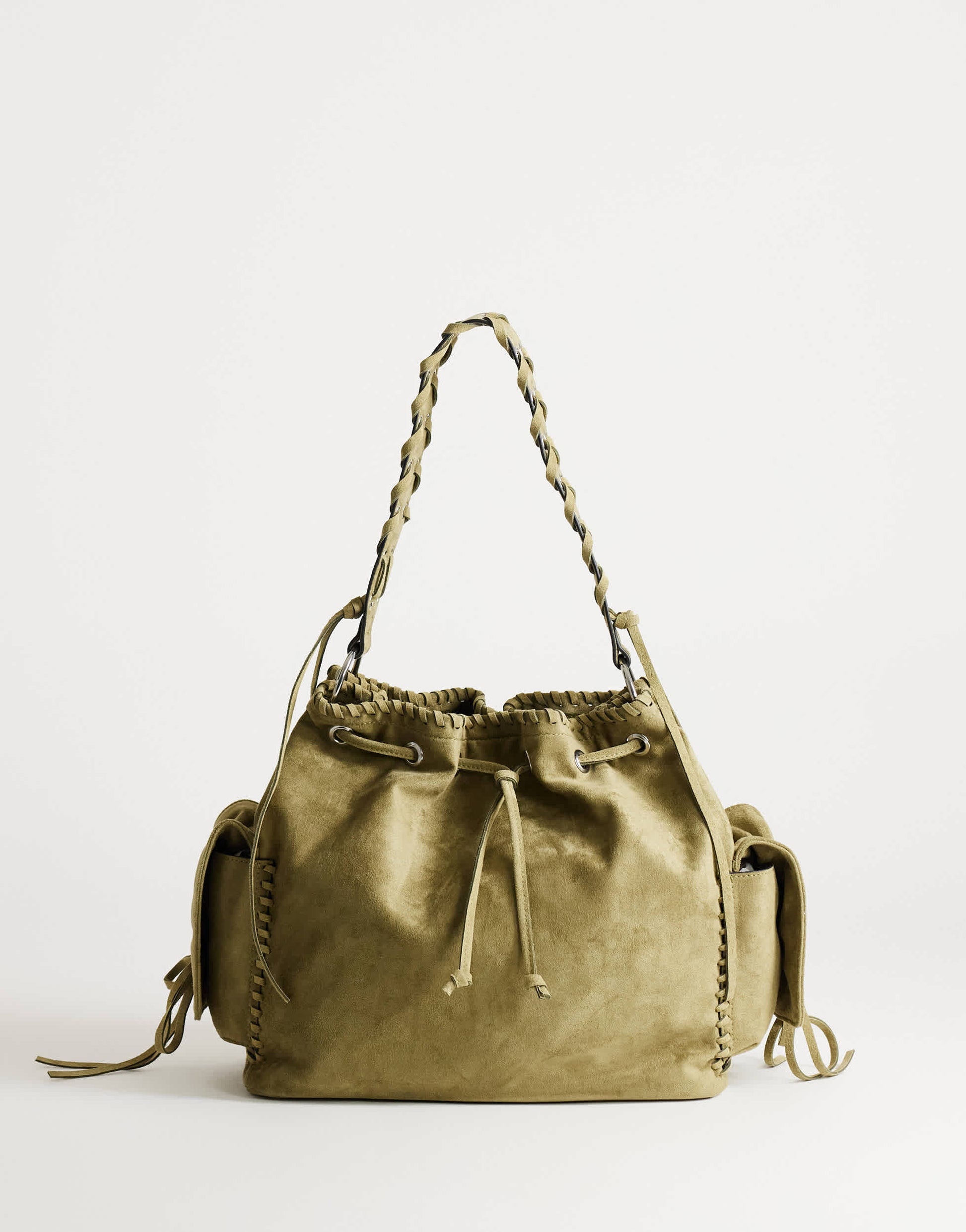 Topshop Simone large suedette pocket detail bucket shoulder bag in khaki