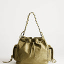 Topshop Simone large suedette pocket detail bucket shoulder bag in khaki