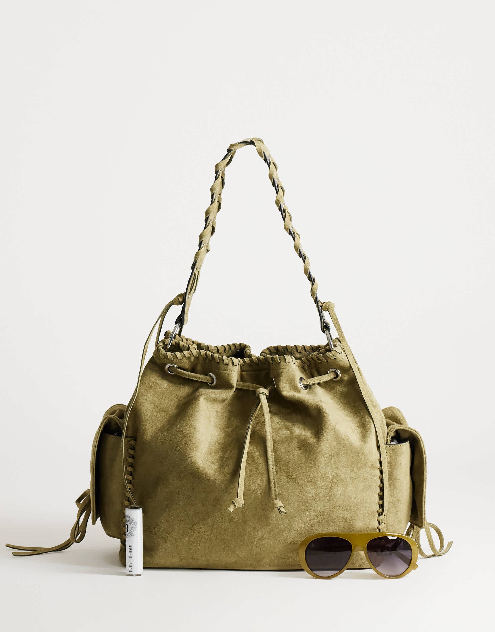 Topshop Simone suedette pocket detail bucket shoulder bag in khaki