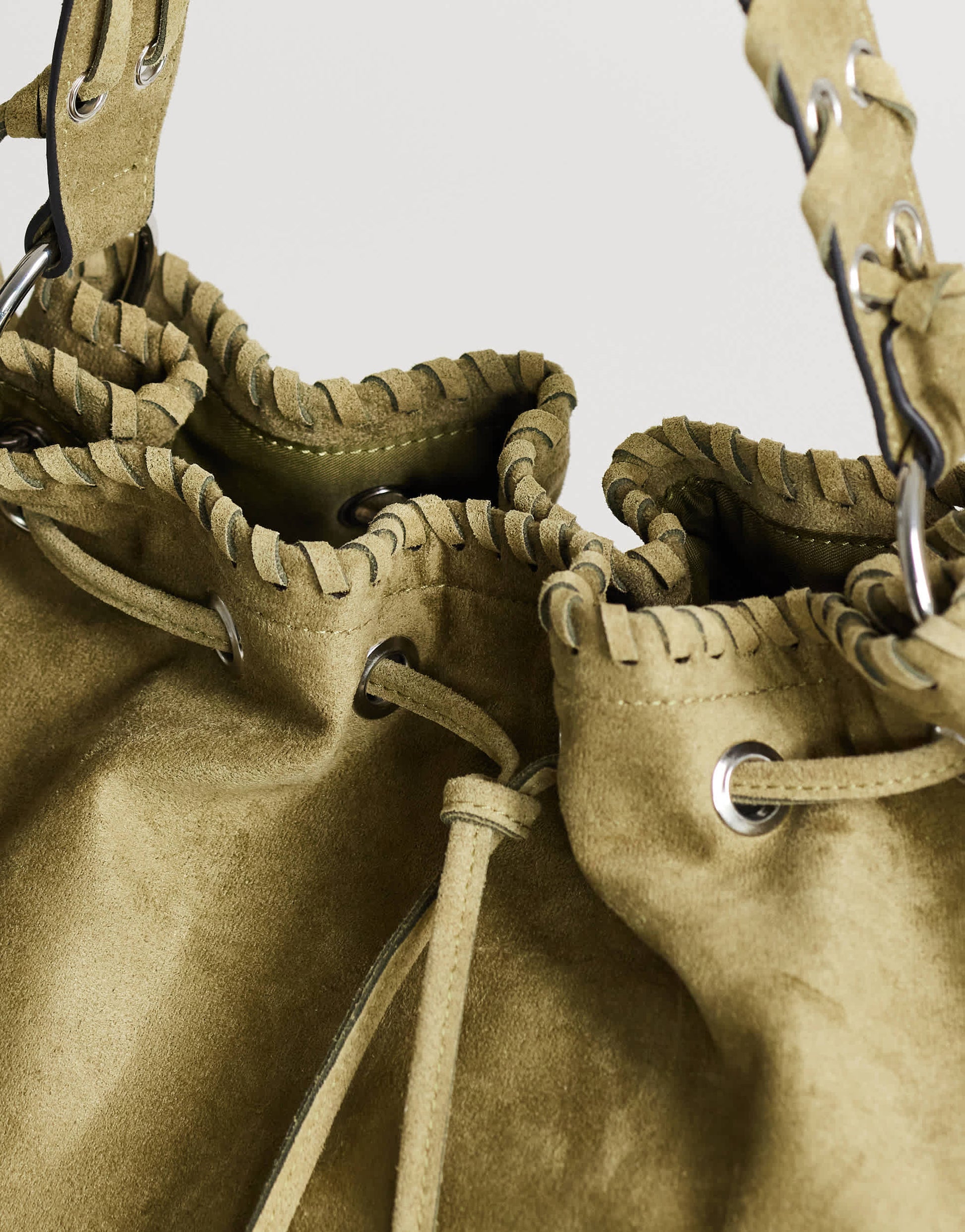 Topshop Simone large suedette pocket detail bucket shoulder bag in khaki