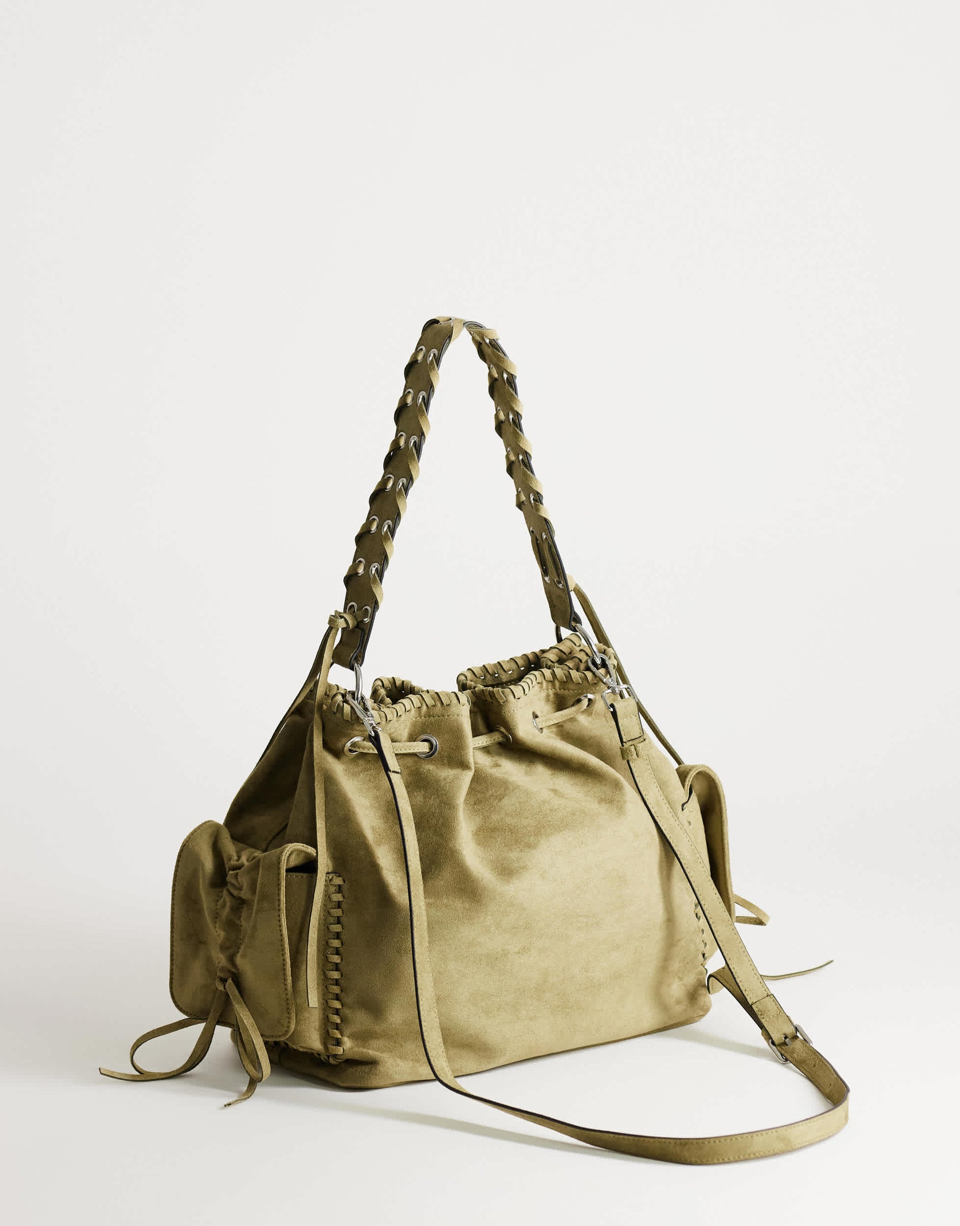 Topshop Simone suedette pocket detail bucket shoulder bag in khaki