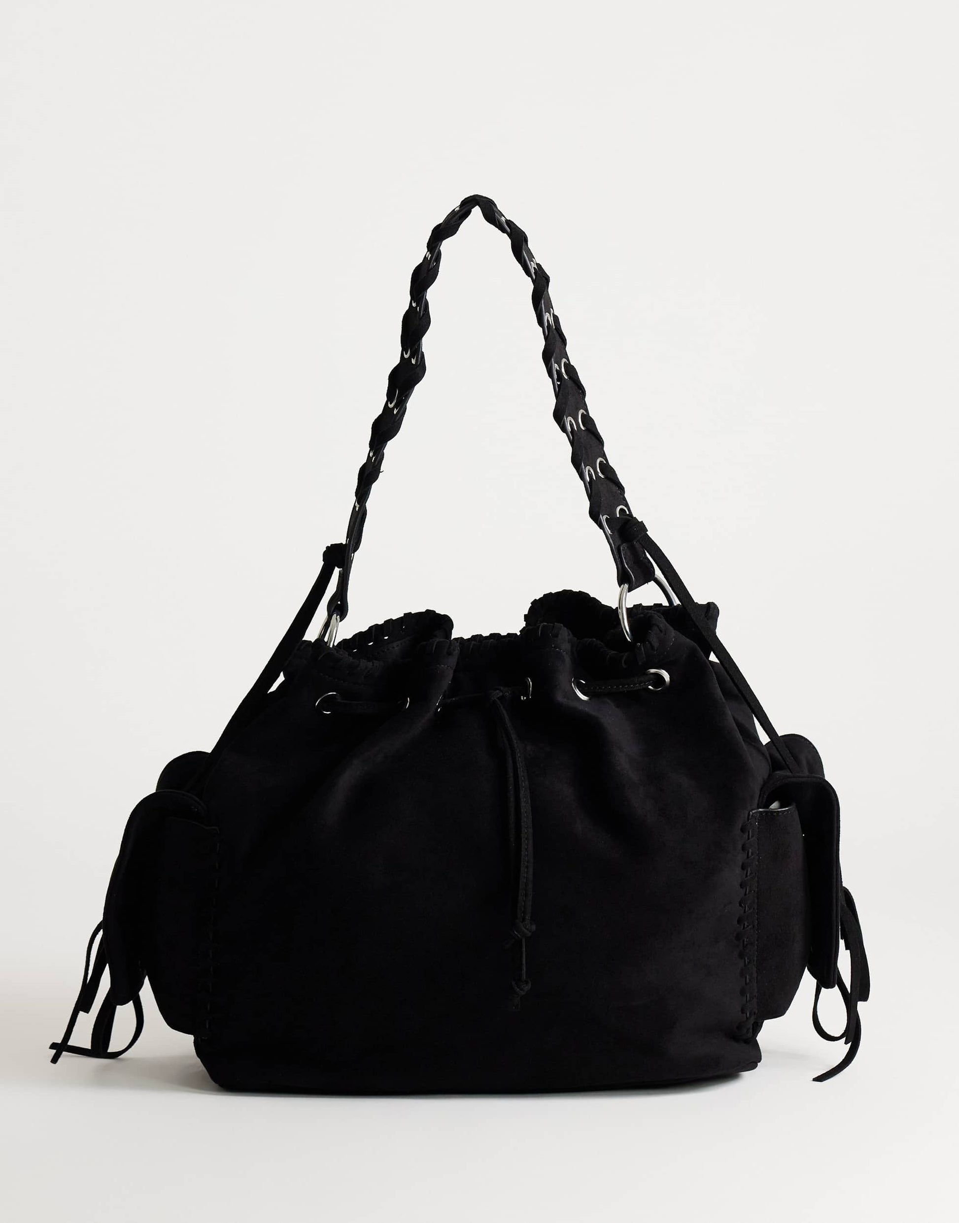 Topshop Simone suedette pocket detail bucket shoulder bag in black