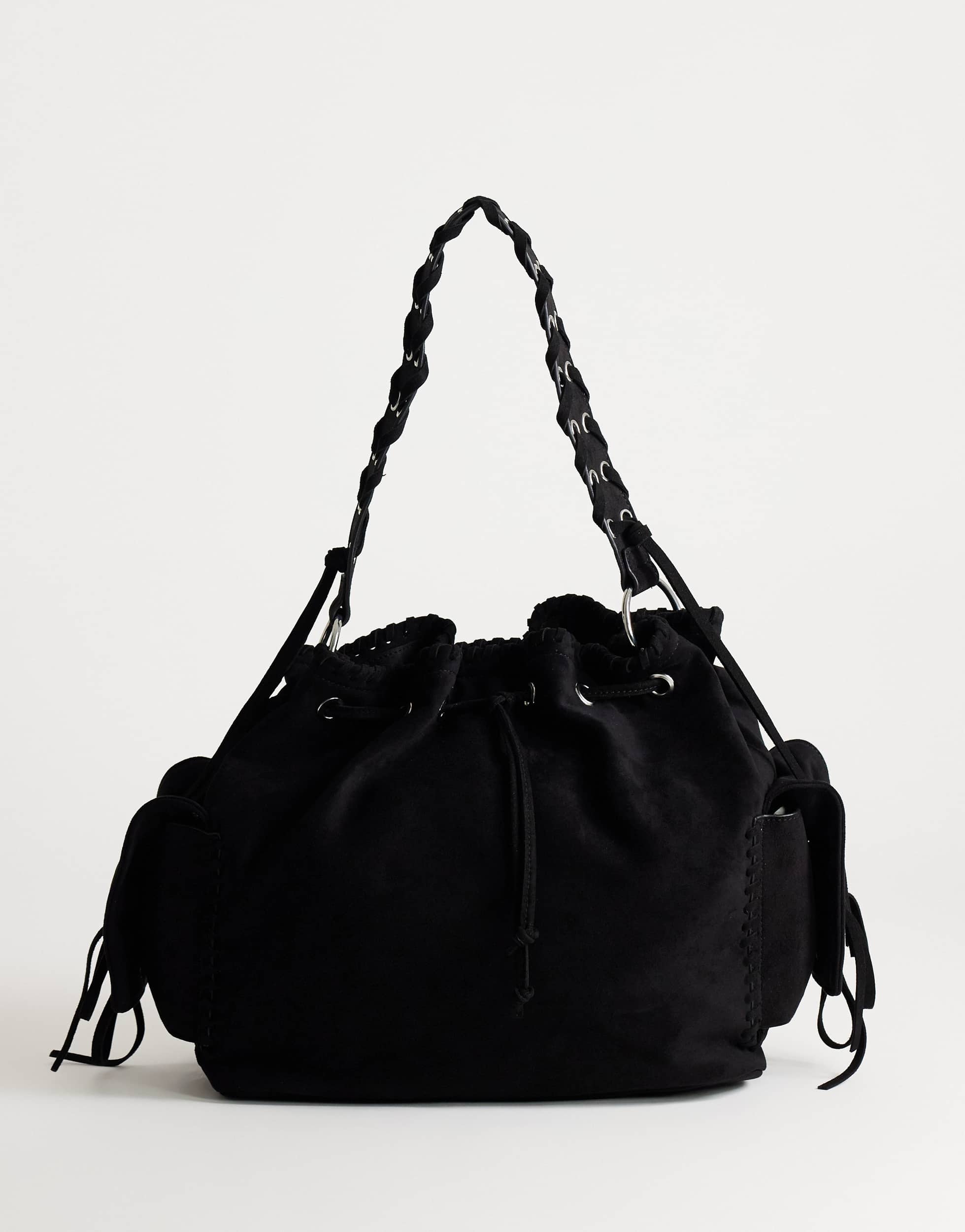 Topshop Simone large suedette pocket detail bucket shoulder bag in black