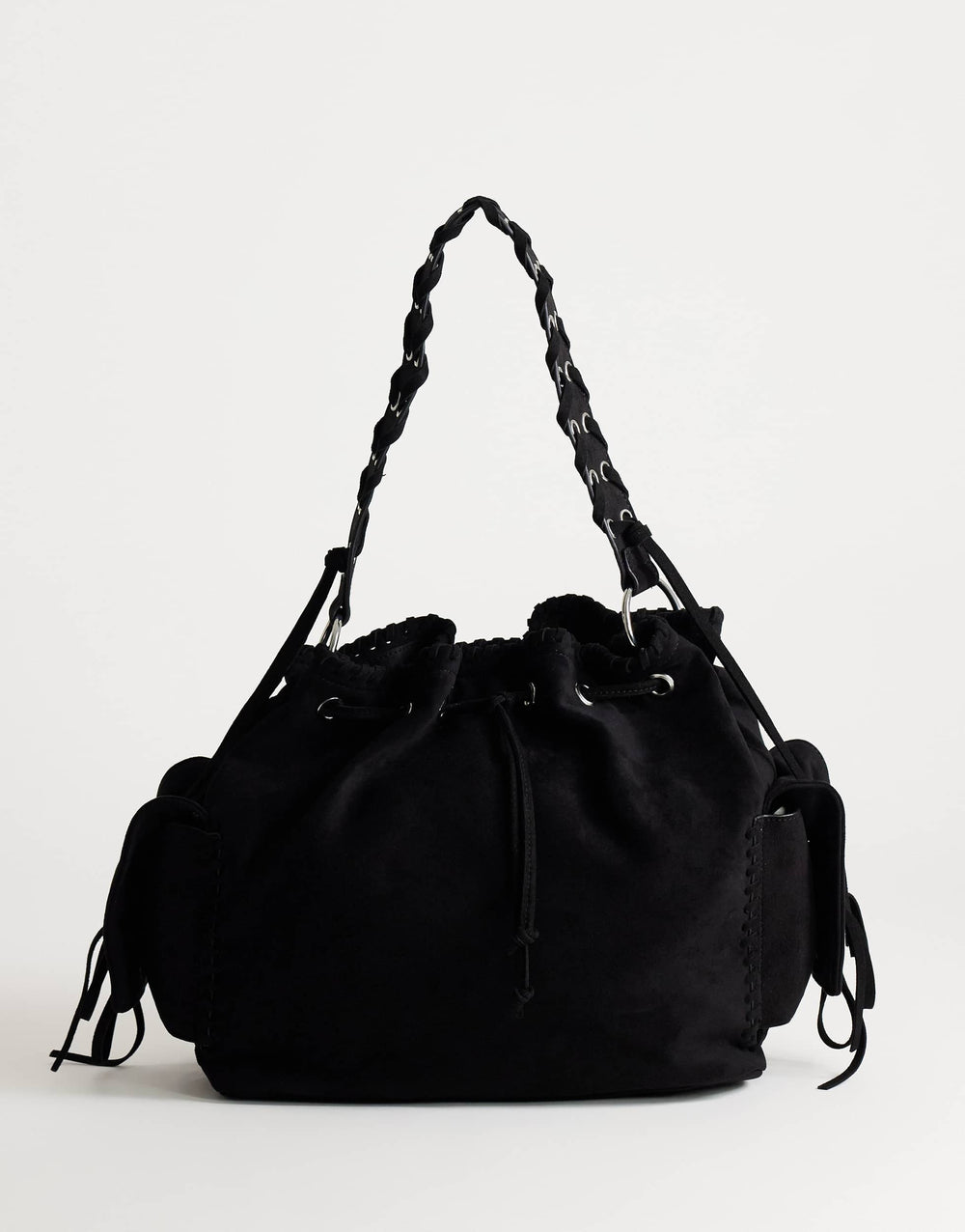 Topshop Simone large suedette pocket detail bucket shoulder bag in black