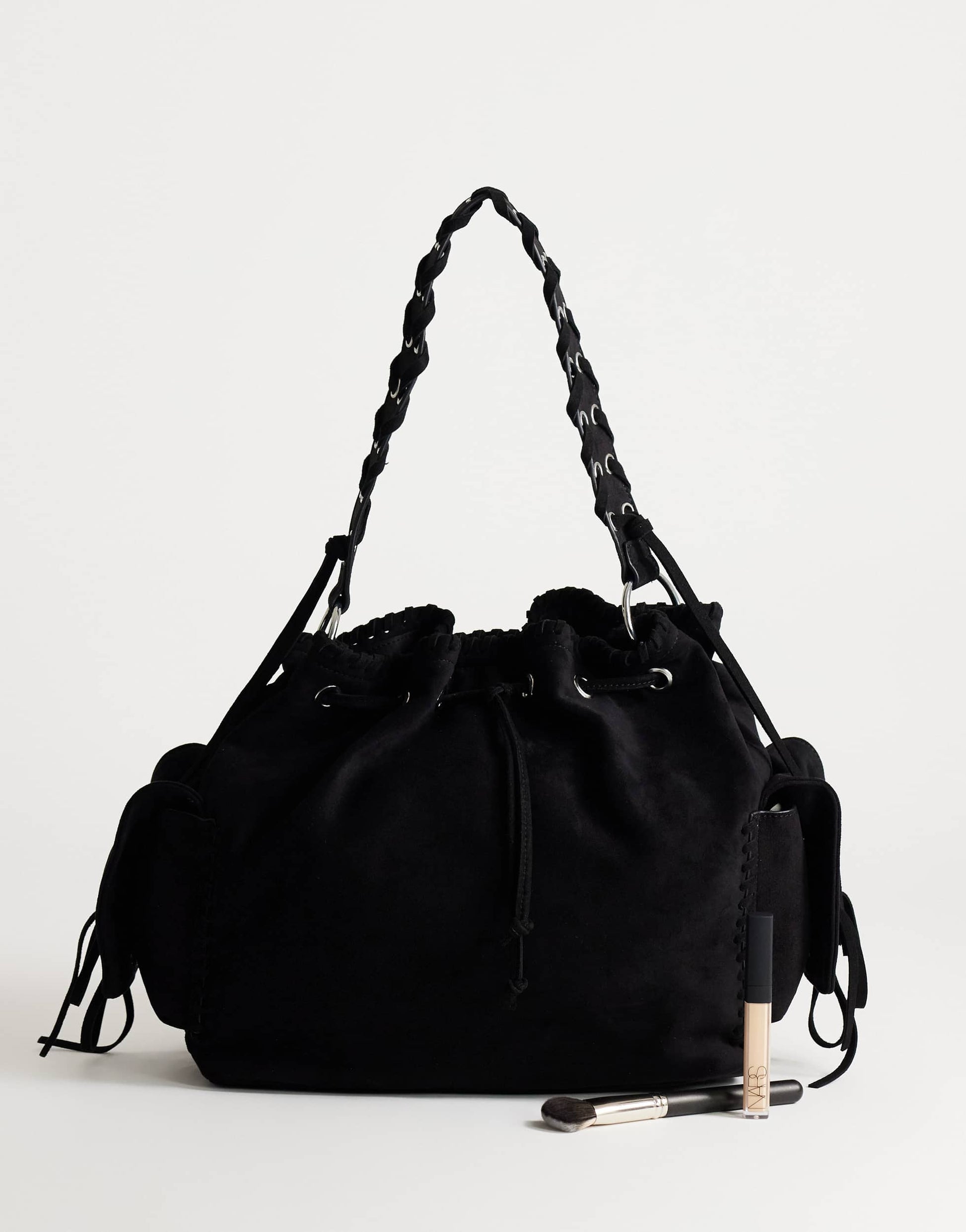 Topshop Simone suedette pocket detail bucket shoulder bag in black