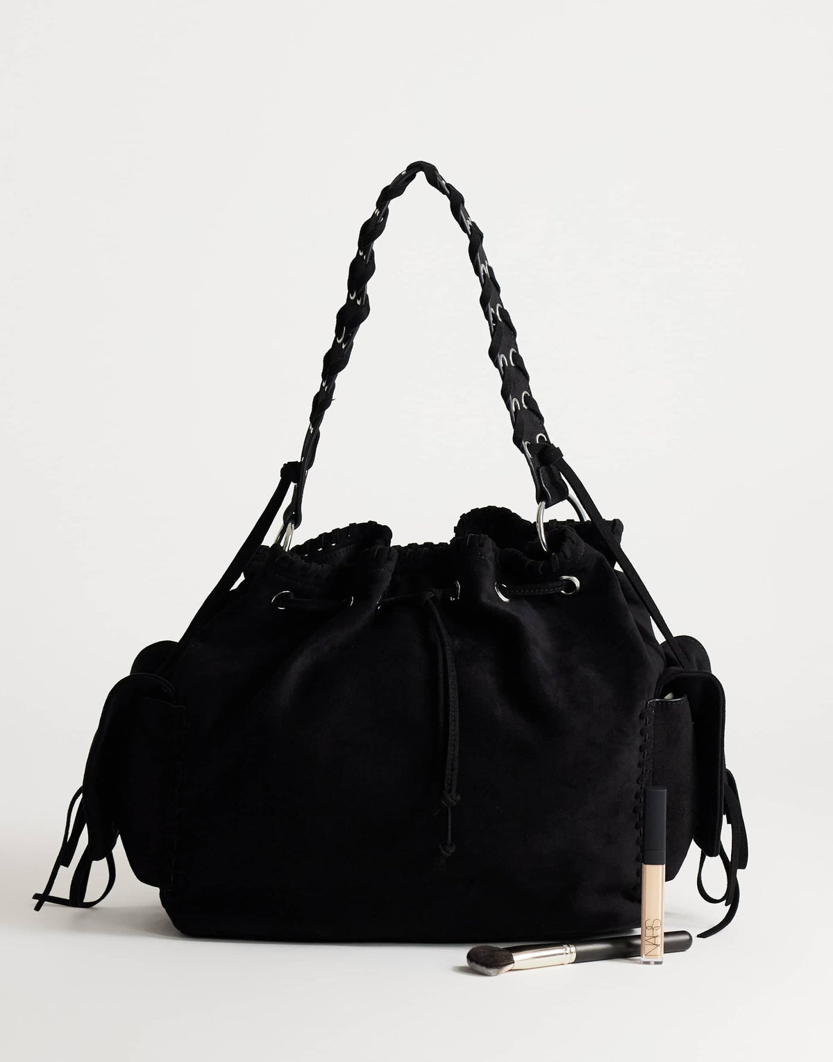 Topshop Simone large suedette pocket detail bucket shoulder bag in black