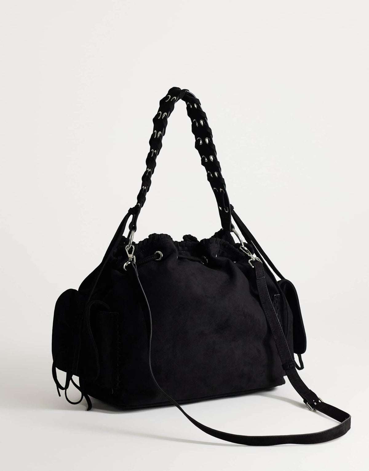 Topshop Simone large suedette pocket detail bucket shoulder bag in black