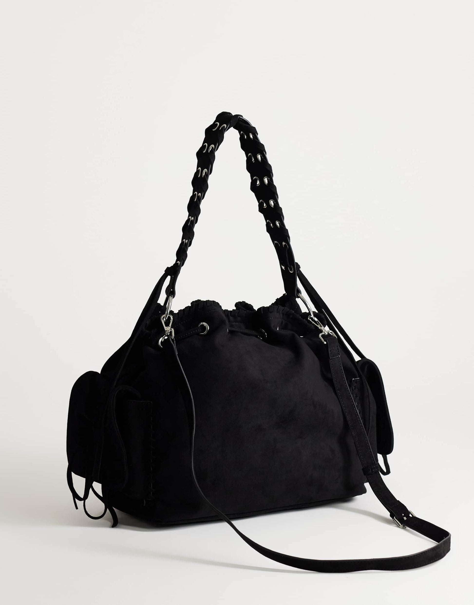 Topshop Simone suedette pocket detail bucket shoulder bag in black