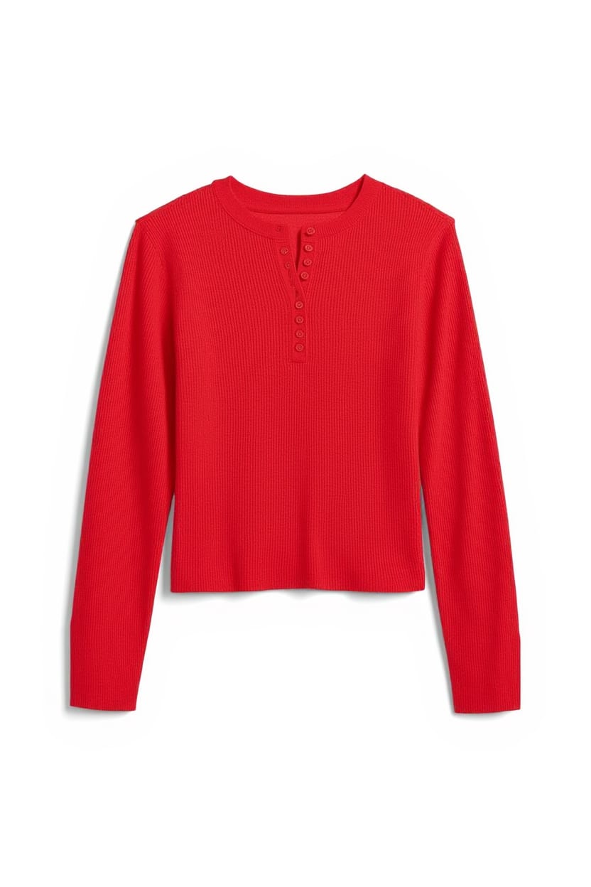 Topshop knitted wool blend henley long sleeve top red