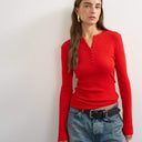 Topshop knitted wool blend henley long sleeve top red
