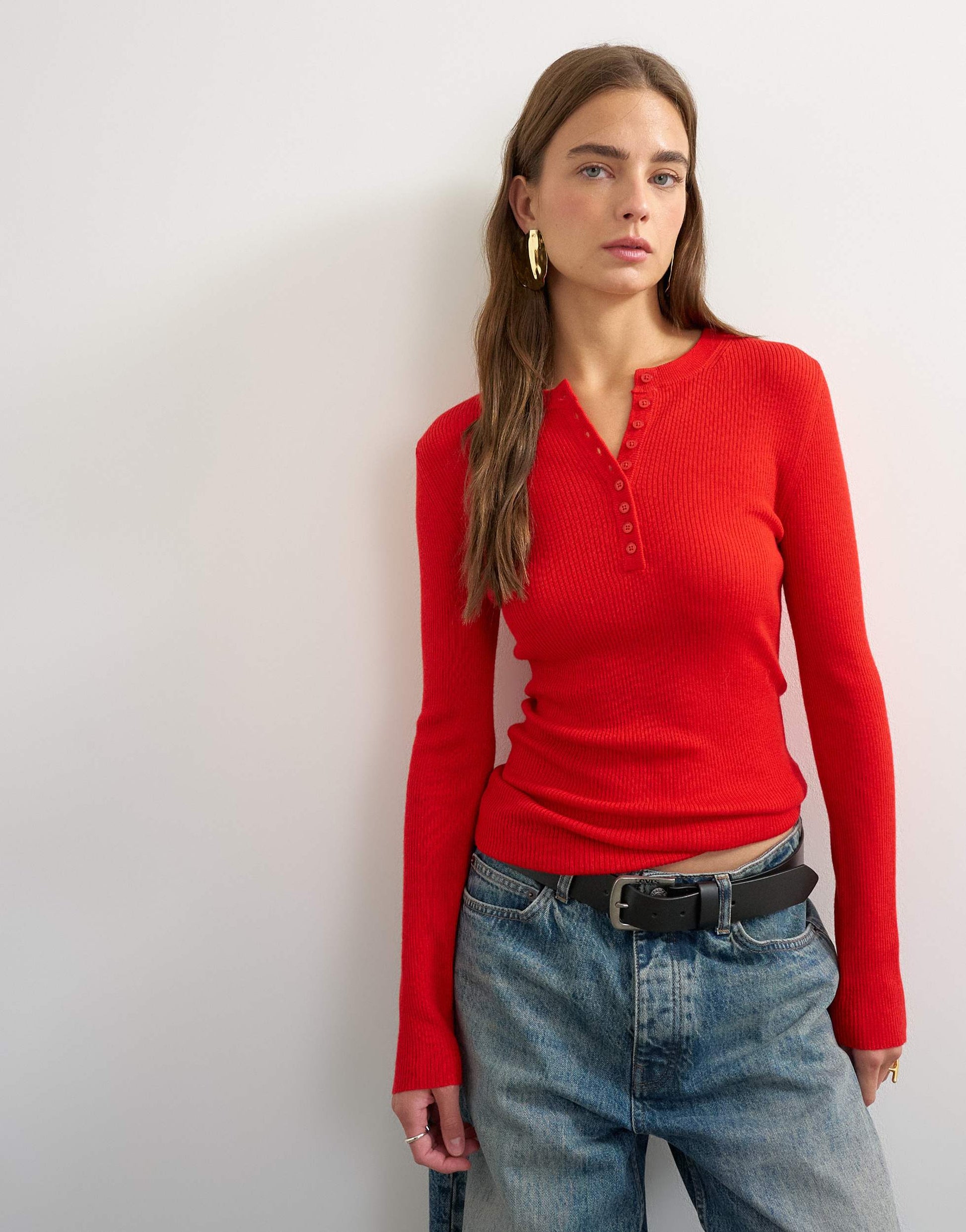 Topshop knitted wool blend henley long sleeve top red