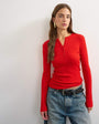 Topshop knitted wool blend henley long sleeve top red