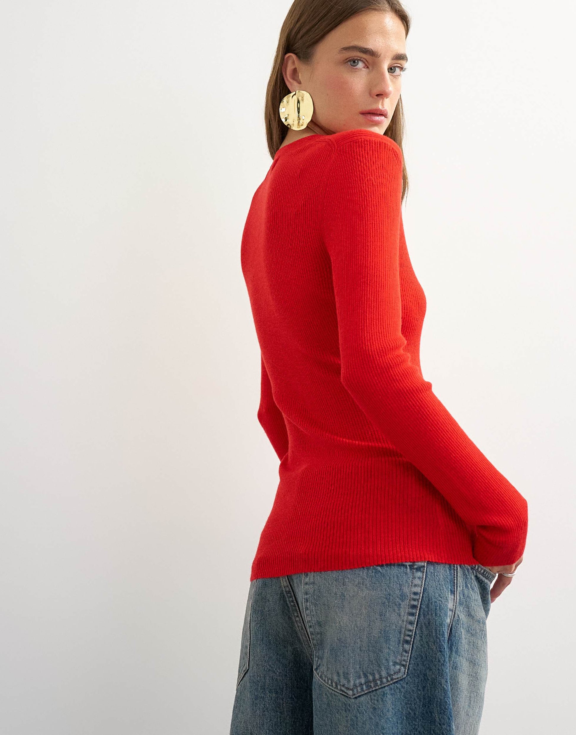 Topshop knitted wool blend henley long sleeve top red