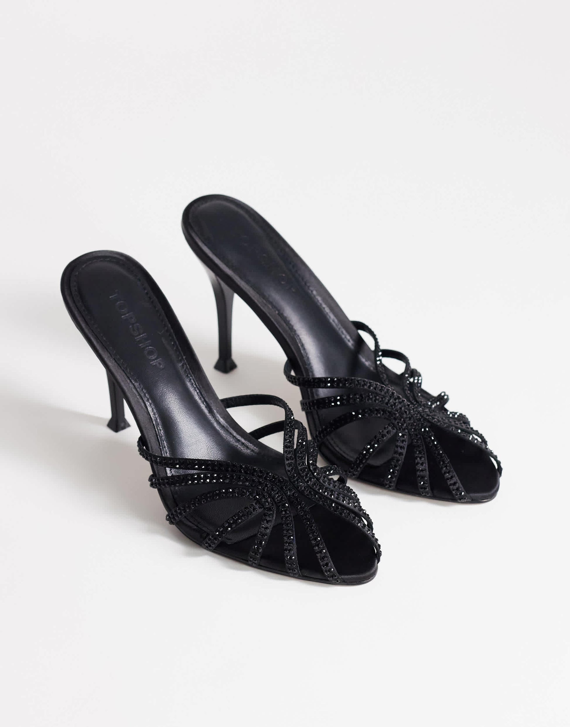 Topshop Azelia heeled sandal  with gems in black satin