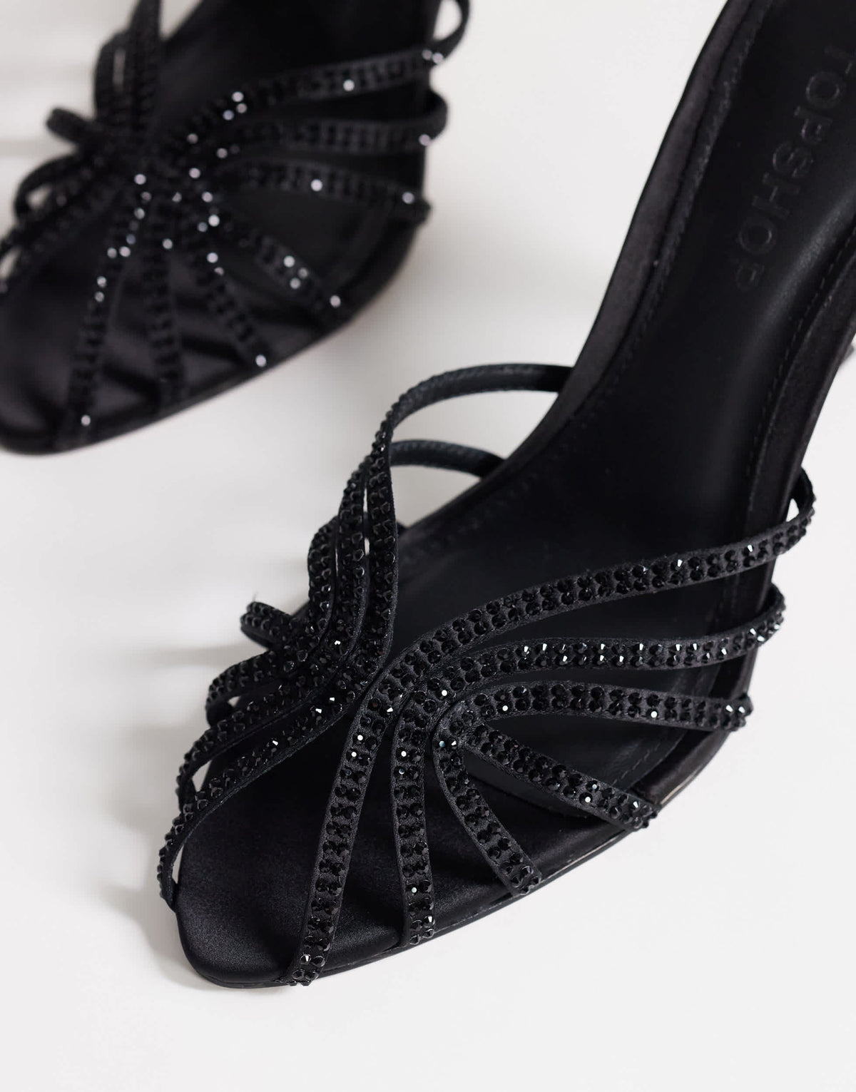 Topshop Azelia heeled sandal  with gems in black satin