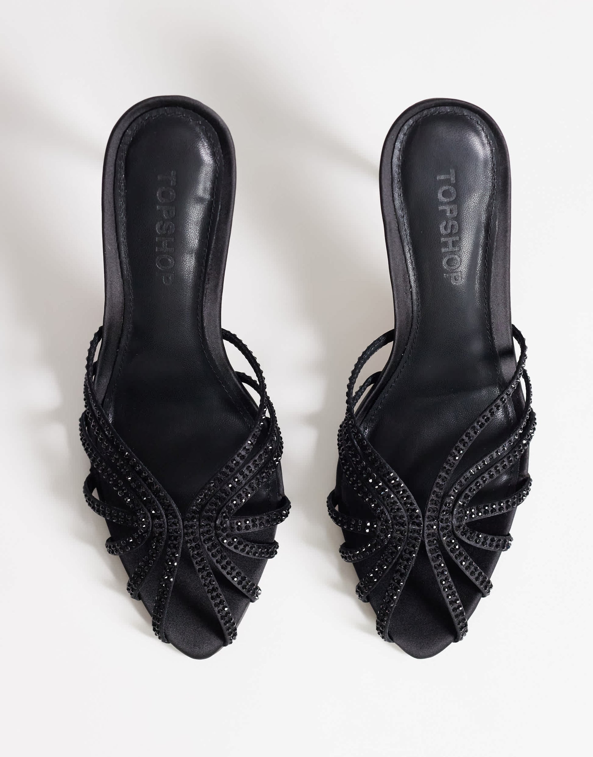 Topshop Azelia heeled sandal  with gems in black satin