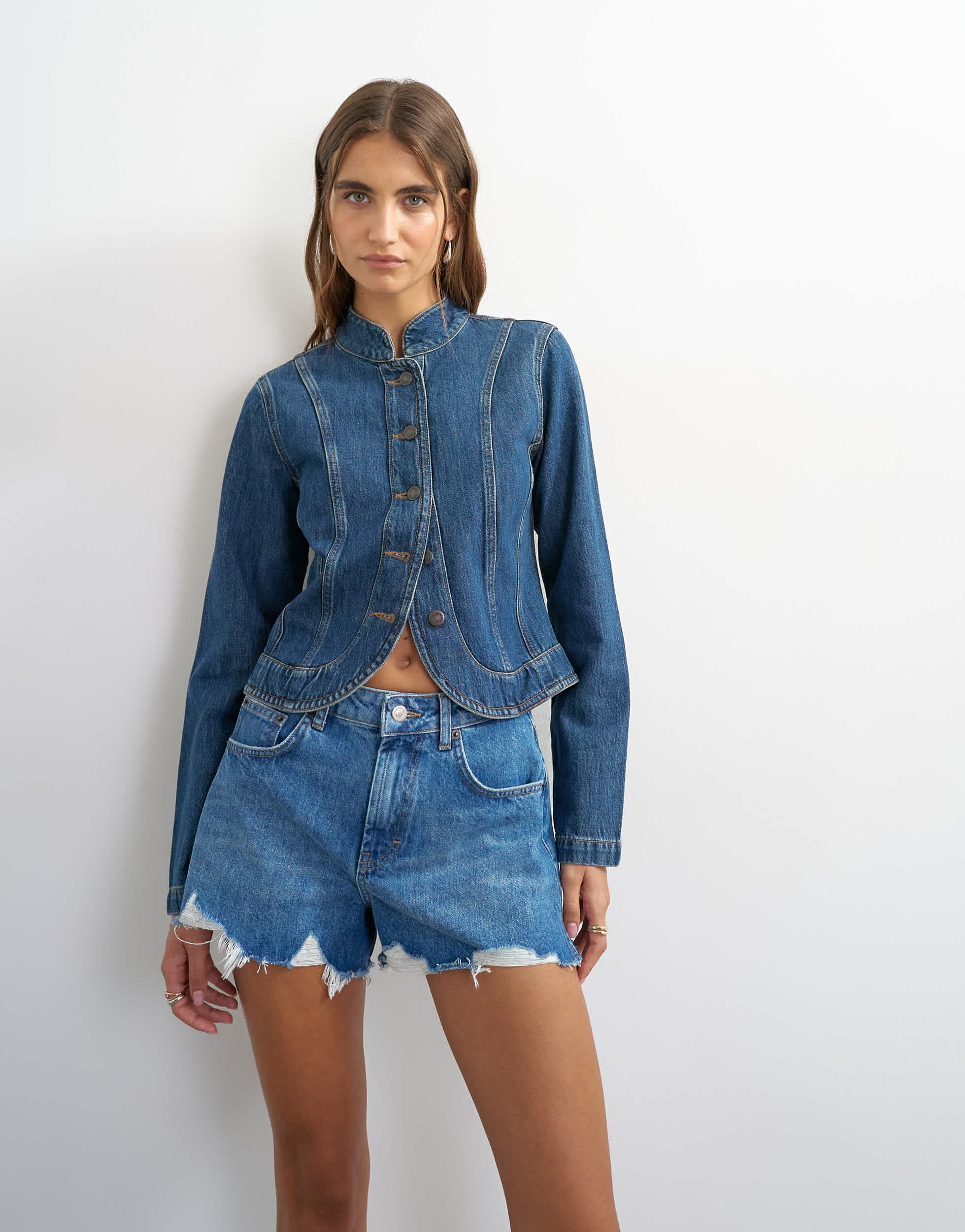 Topshop denim distressed split a-line short in rich blue