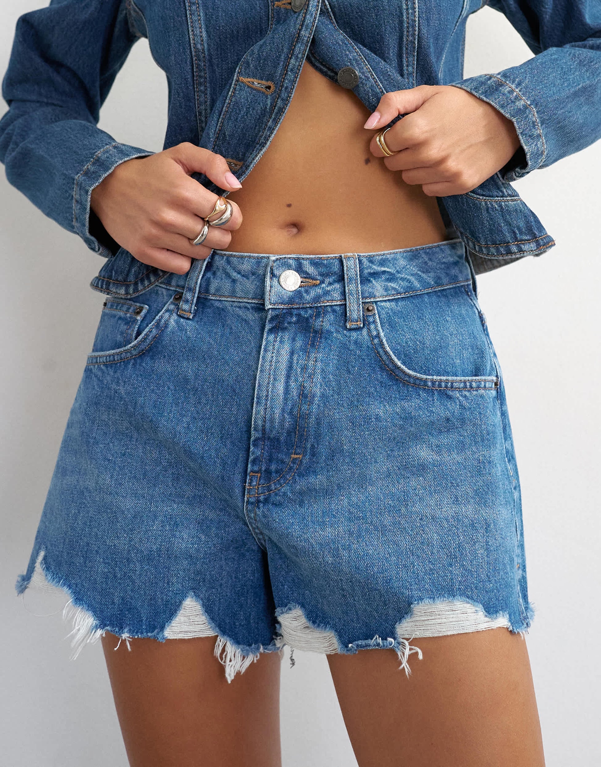 Topshop denim distressed split a-line short in rich blue