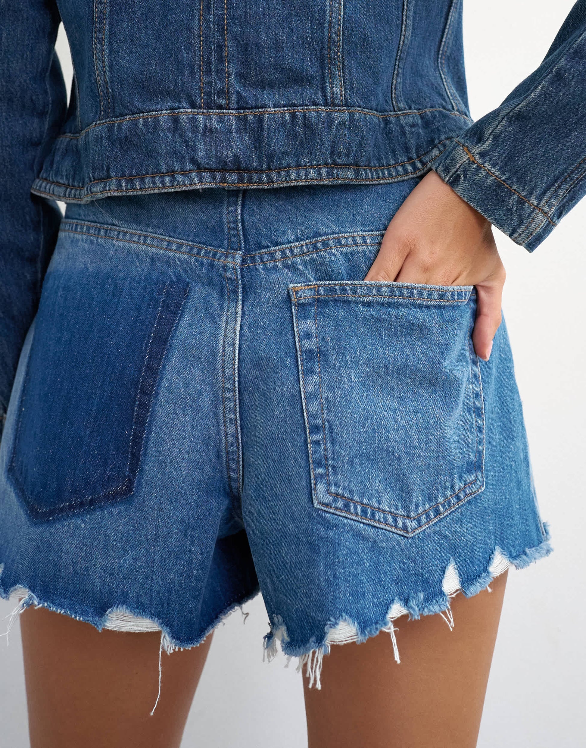 Topshop denim distressed split a-line short in rich blue