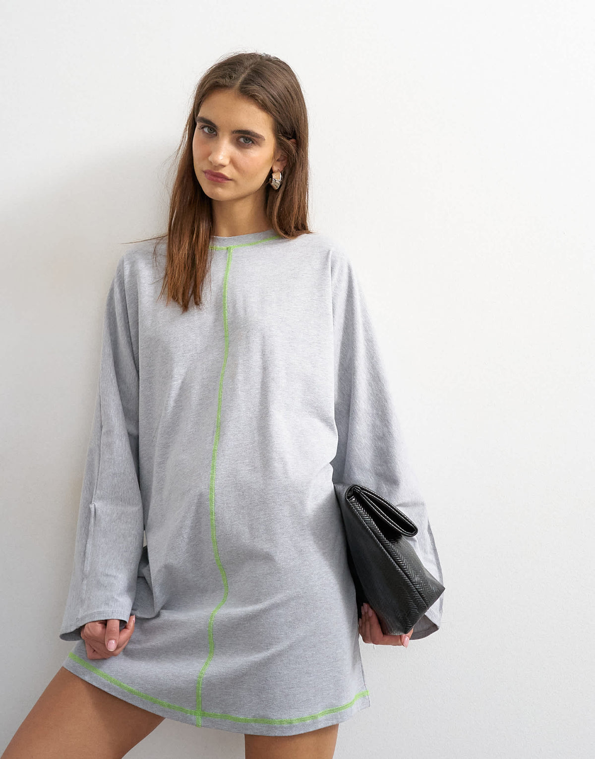 Topshop cotton rich jersey rolled sleeve t-shirt mini dress in grey marl with green contrast topstitching