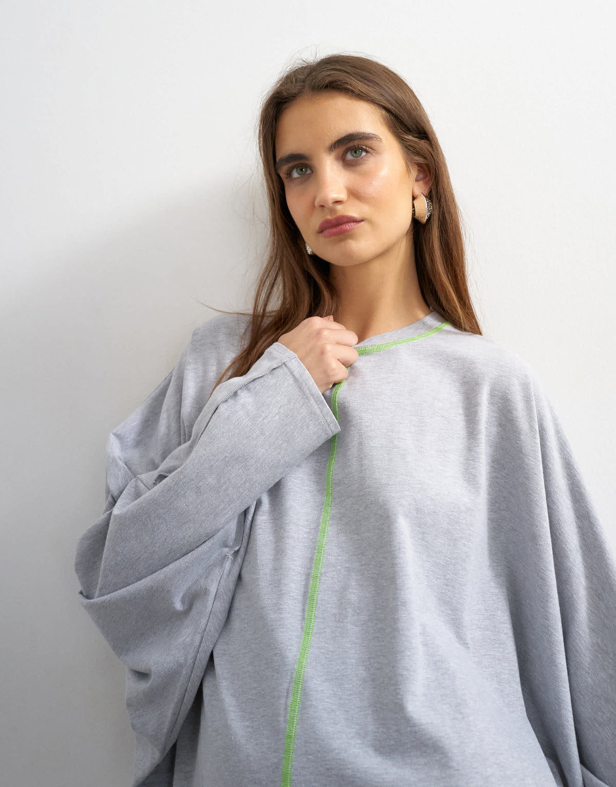 Topshop cotton rich jersey rolled sleeve t-shirt mini dress in grey marl with green contrast topstitching