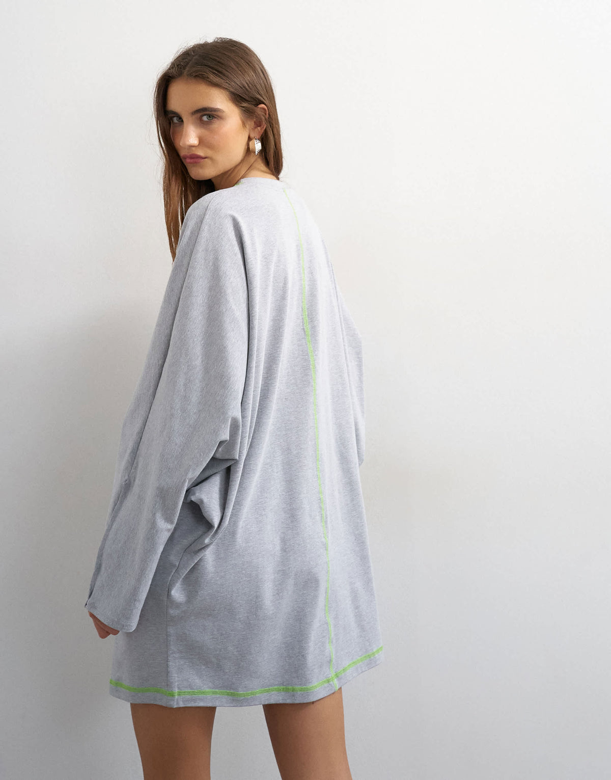 Topshop cotton rich jersey rolled sleeve t-shirt mini dress in grey marl with green contrast topstitching