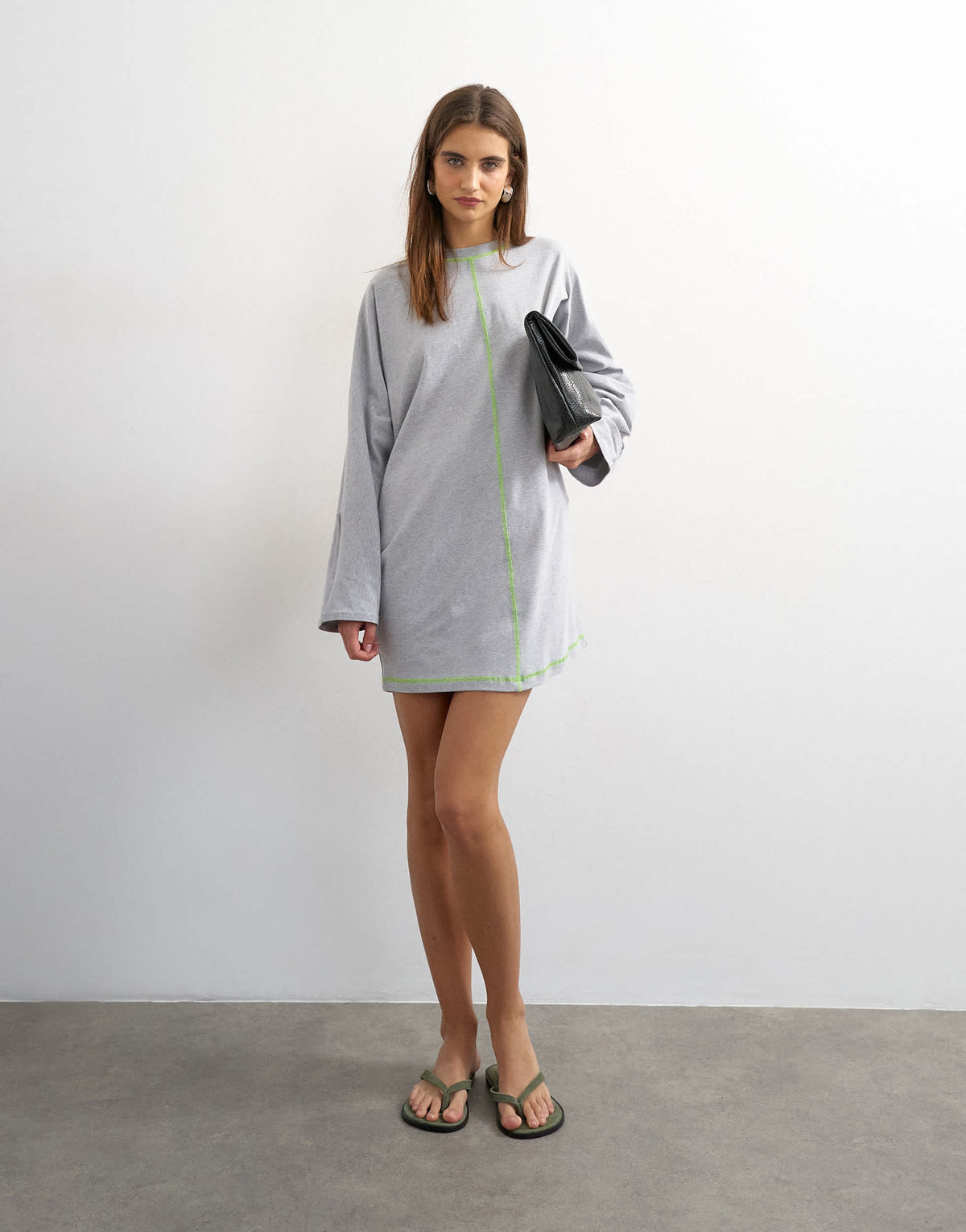 Topshop cotton rich jersey rolled sleeve t-shirt mini dress in grey marl with green contrast topstitching