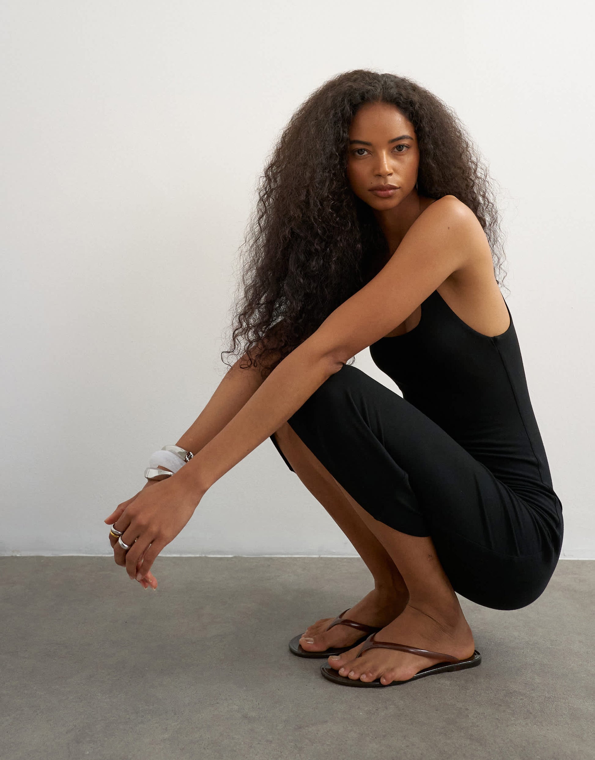 Topshop premium jersey double layered skinny strap 90s length midi dress in black