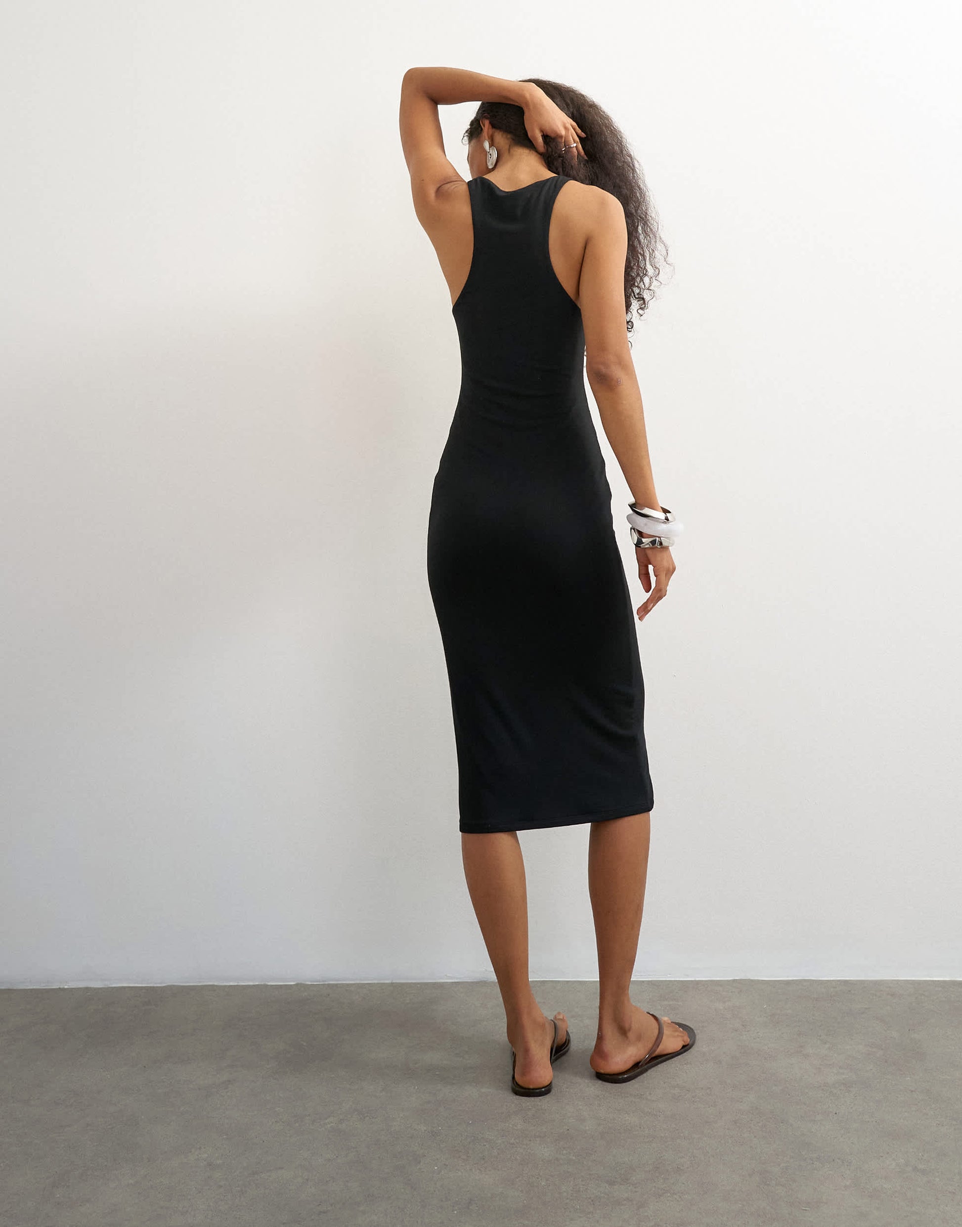 Topshop premium jersey double layered skinny strap 90s length midi dress in black