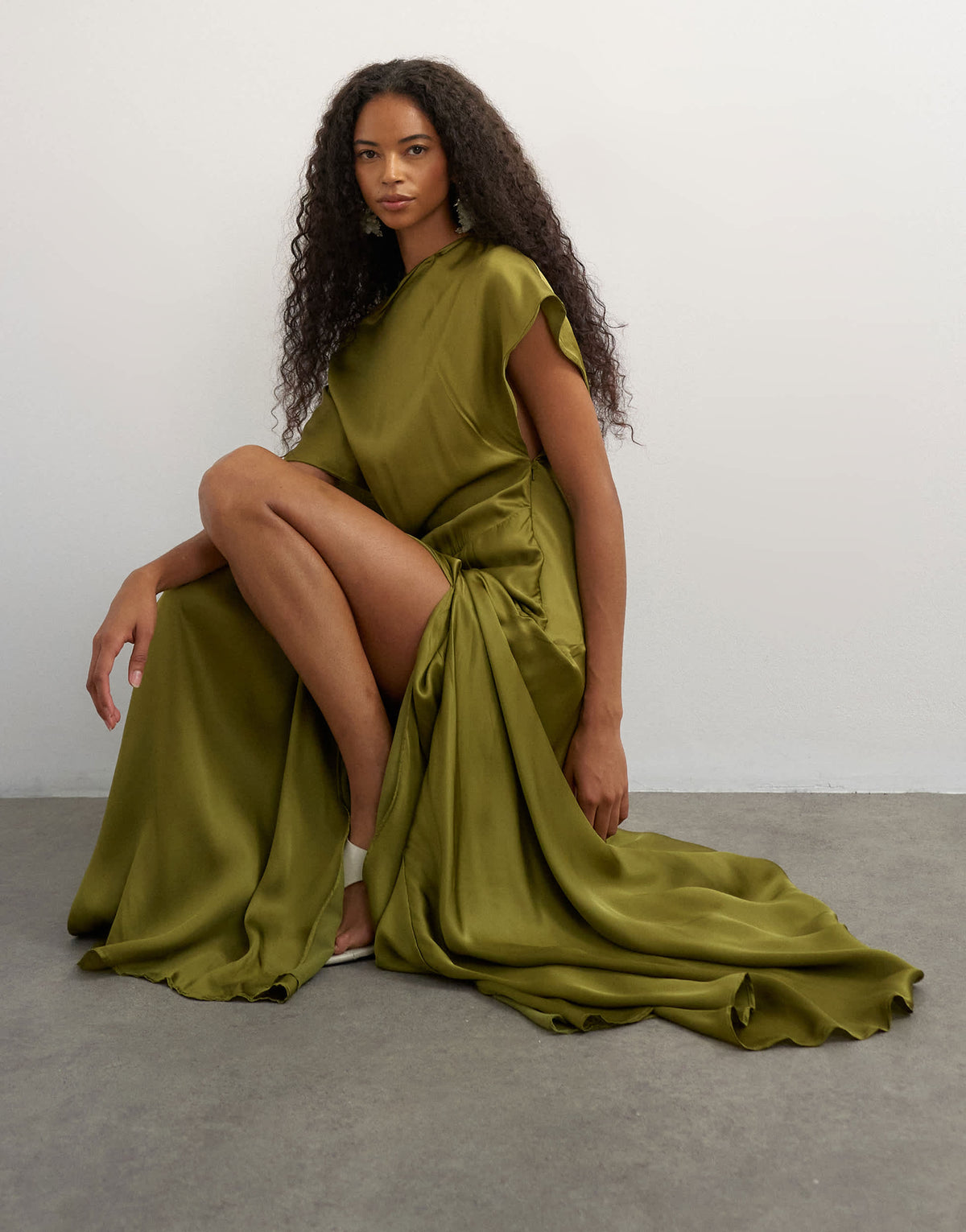 Topshop premium viscose satin dropped tie waist maxi dress in olive