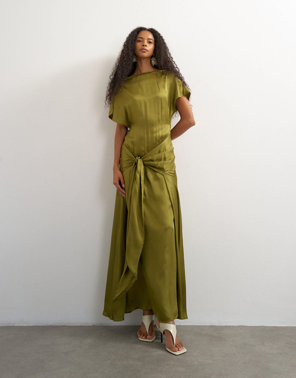 Topshop premium viscose satin dropped tie waist maxi dress in olive